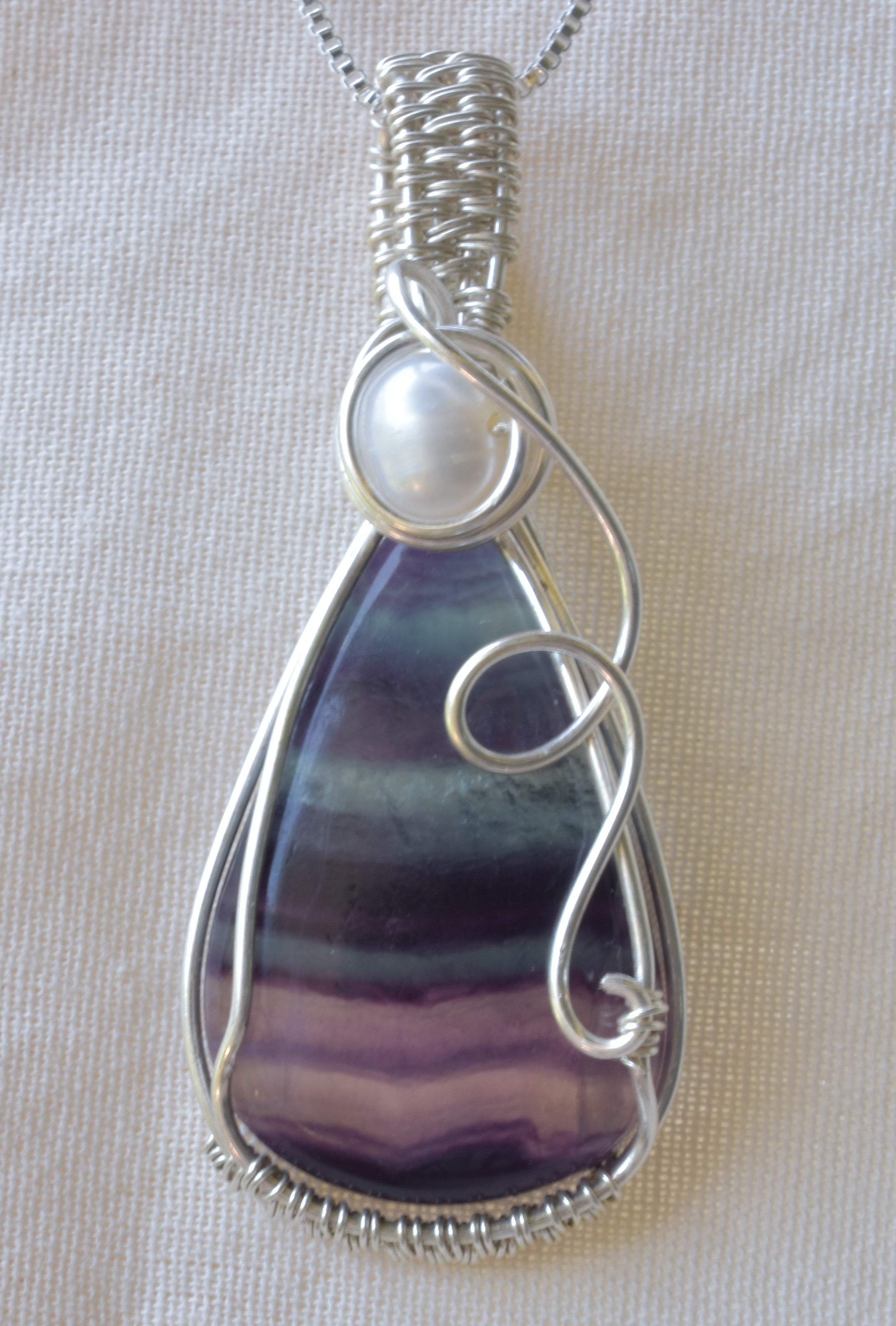 Luminous Balance – Rainbow Fluorite & Pearl Wire Wrapped Pendant