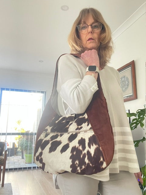 Brown Velvet Slouch Bag/Velvet Cowhide Print