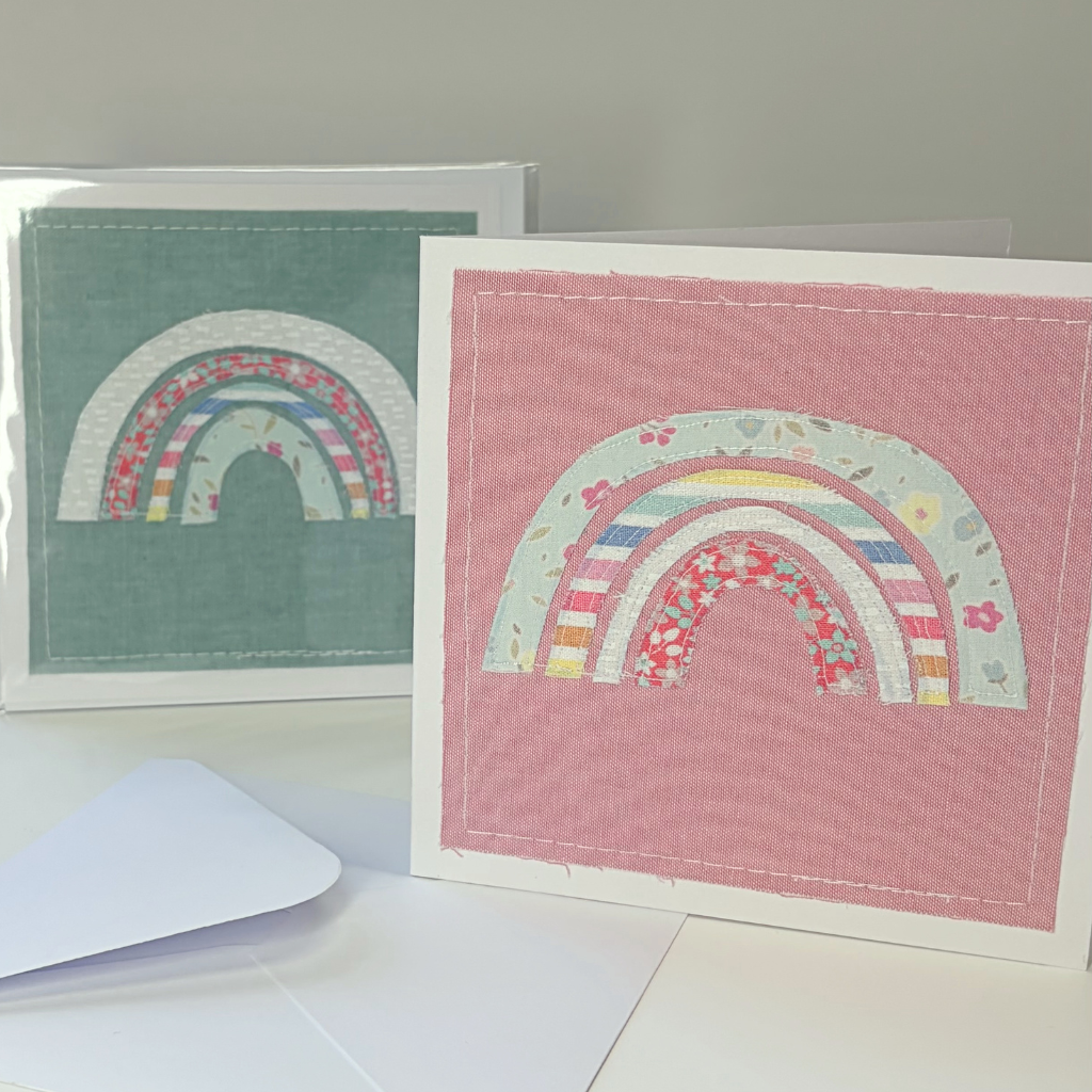Fabric Greeting Card & Envelope| Soft Pastel Rainbows| 13cm x 13cm