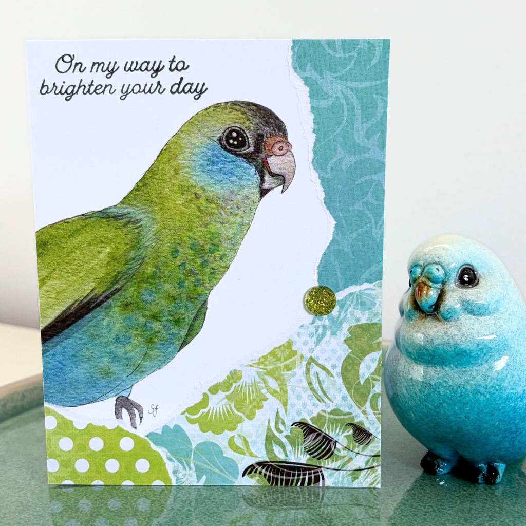 Hooded parrot "On my way to brighten your day" card