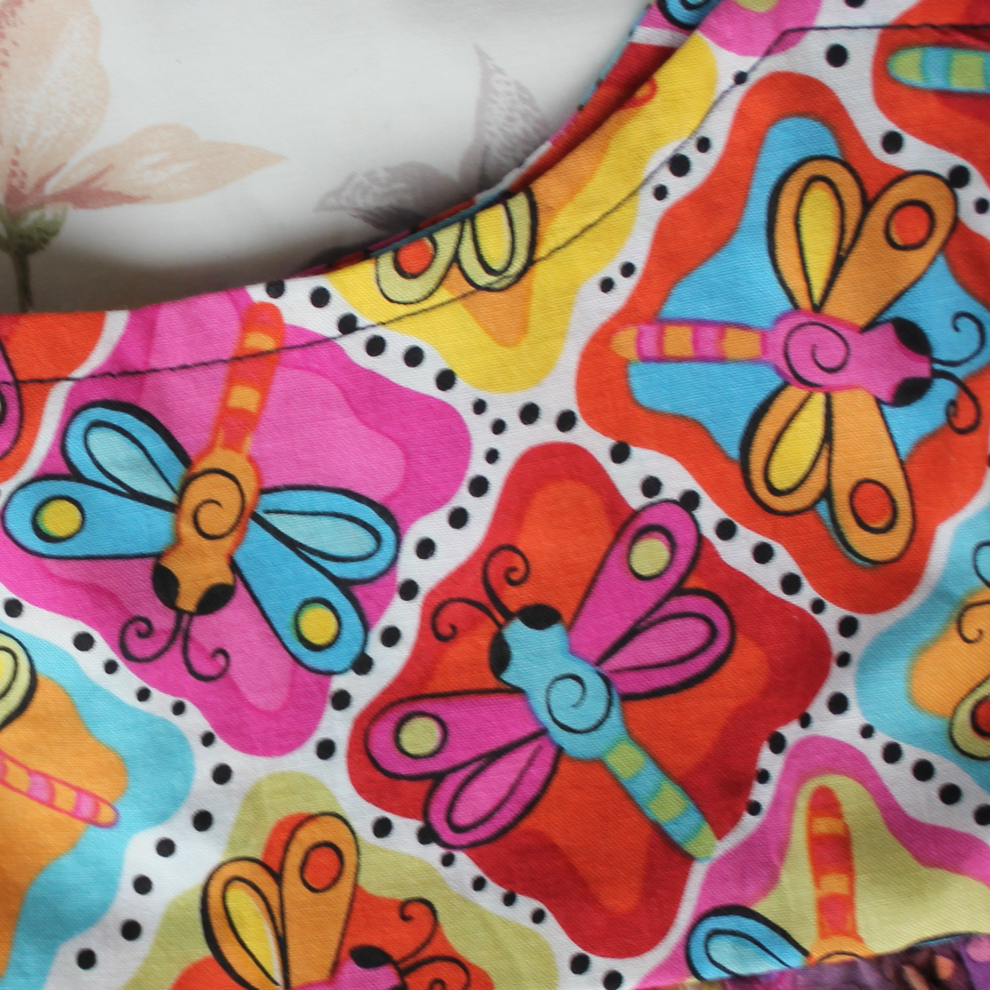 Girls Dress, Size 4, Bright Dragonflies/Spots/Spirals.