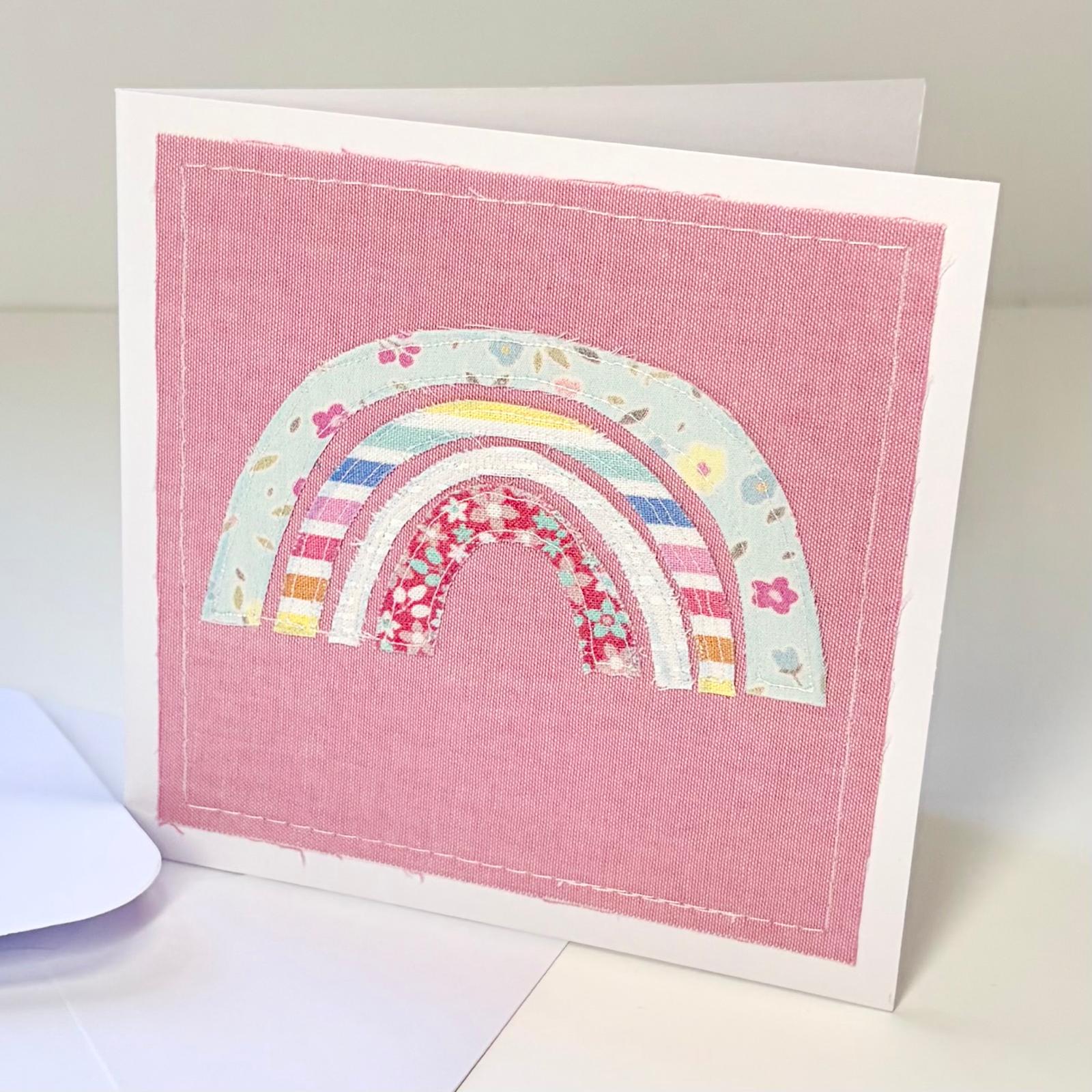 Fabric Greeting Card & Envelope| Soft Pastel Rainbows| 13cm x 13cm