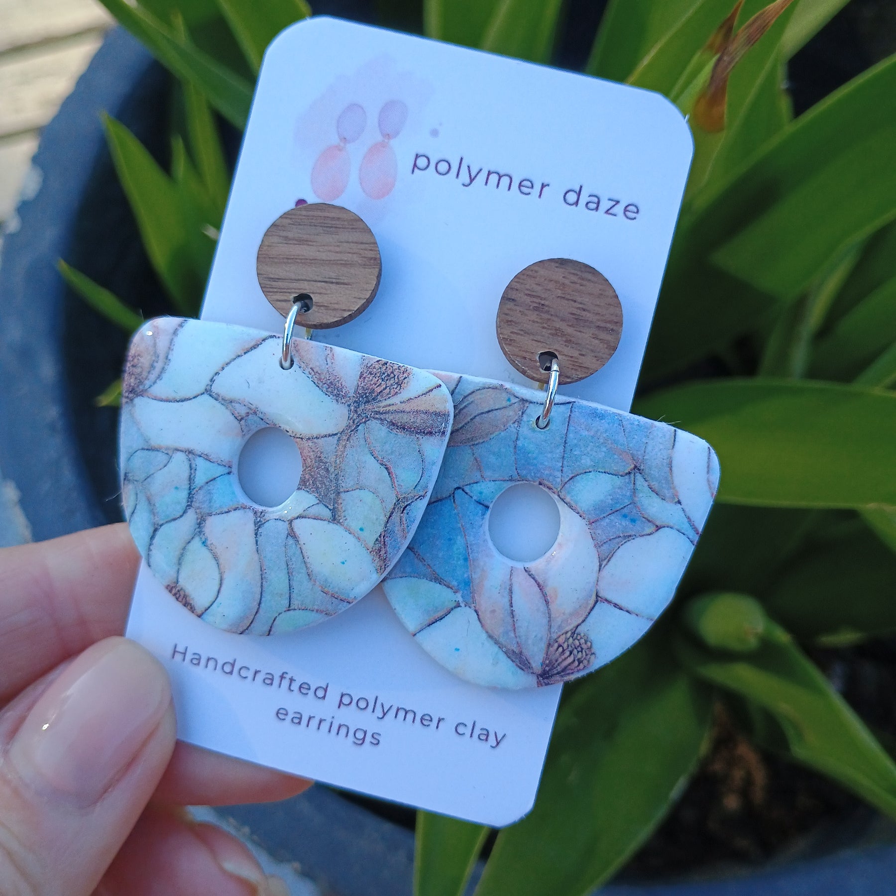 Marble floral earrings with natural wood stud