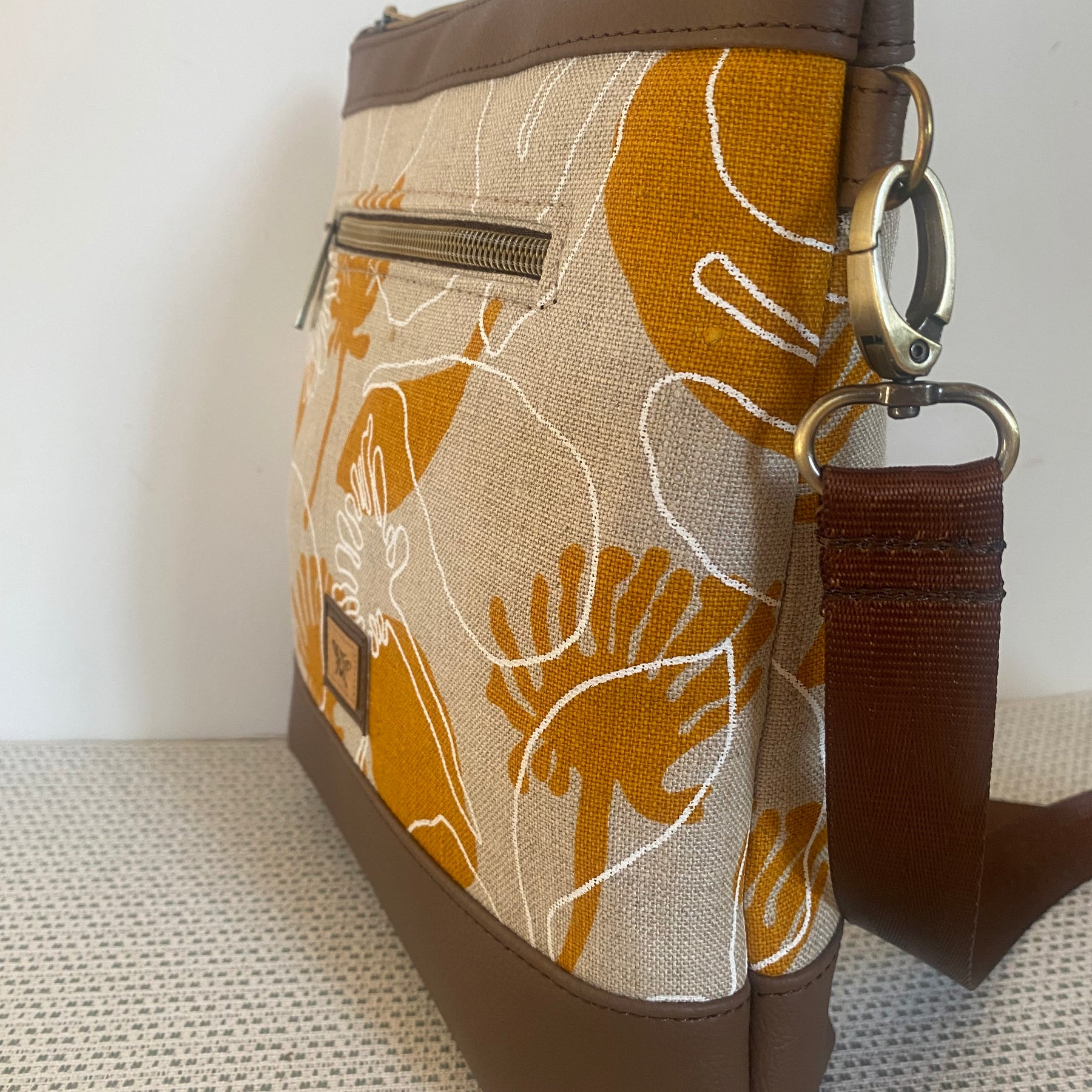 Mia Crossbody Bag - Yellow Seed Pods Screen Printed Linen with Dark Brown Faux Leather