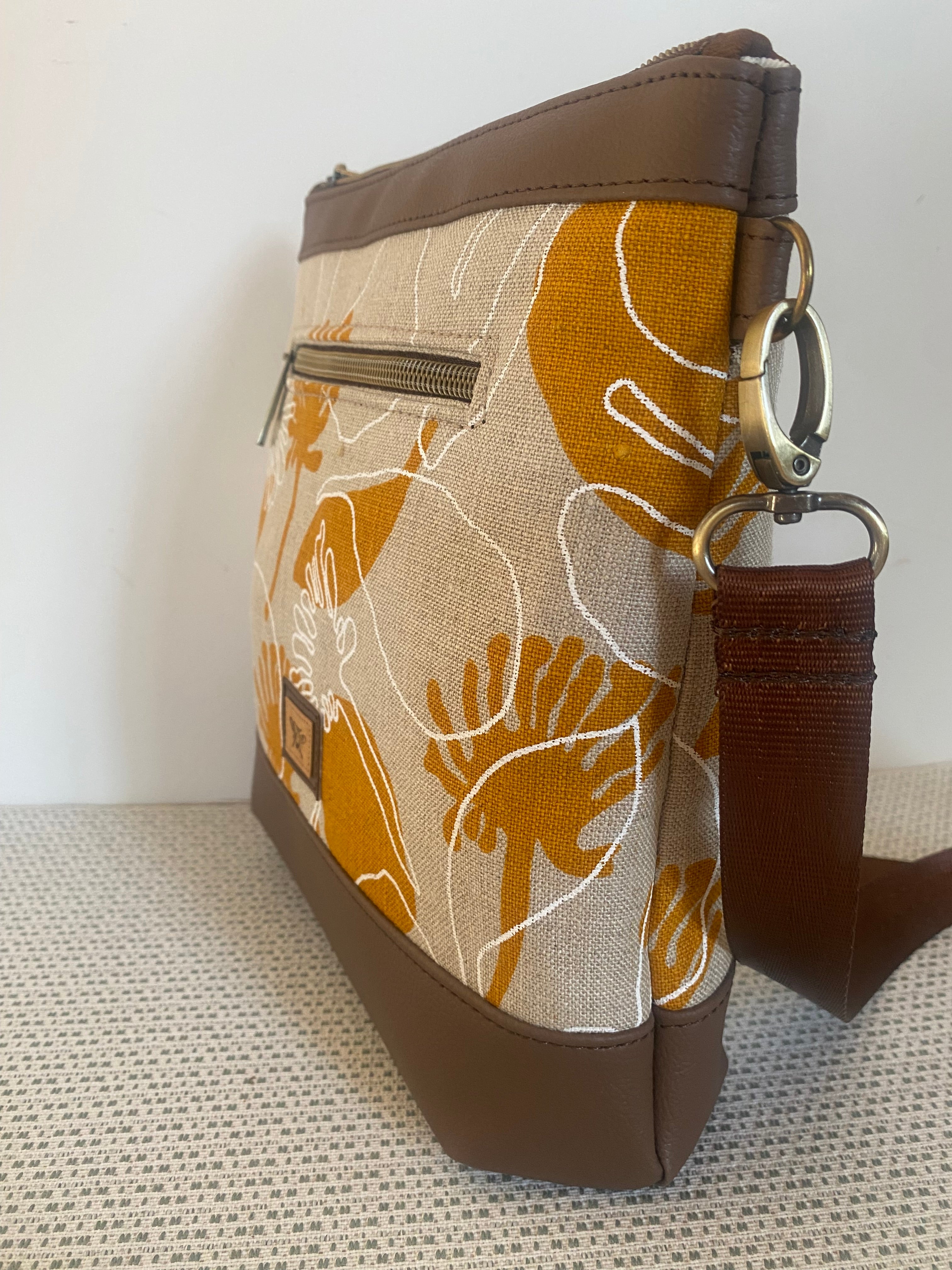 Mia Crossbody Bag - Yellow Seed Pods Screen Printed Linen with Dark Brown Faux Leather
