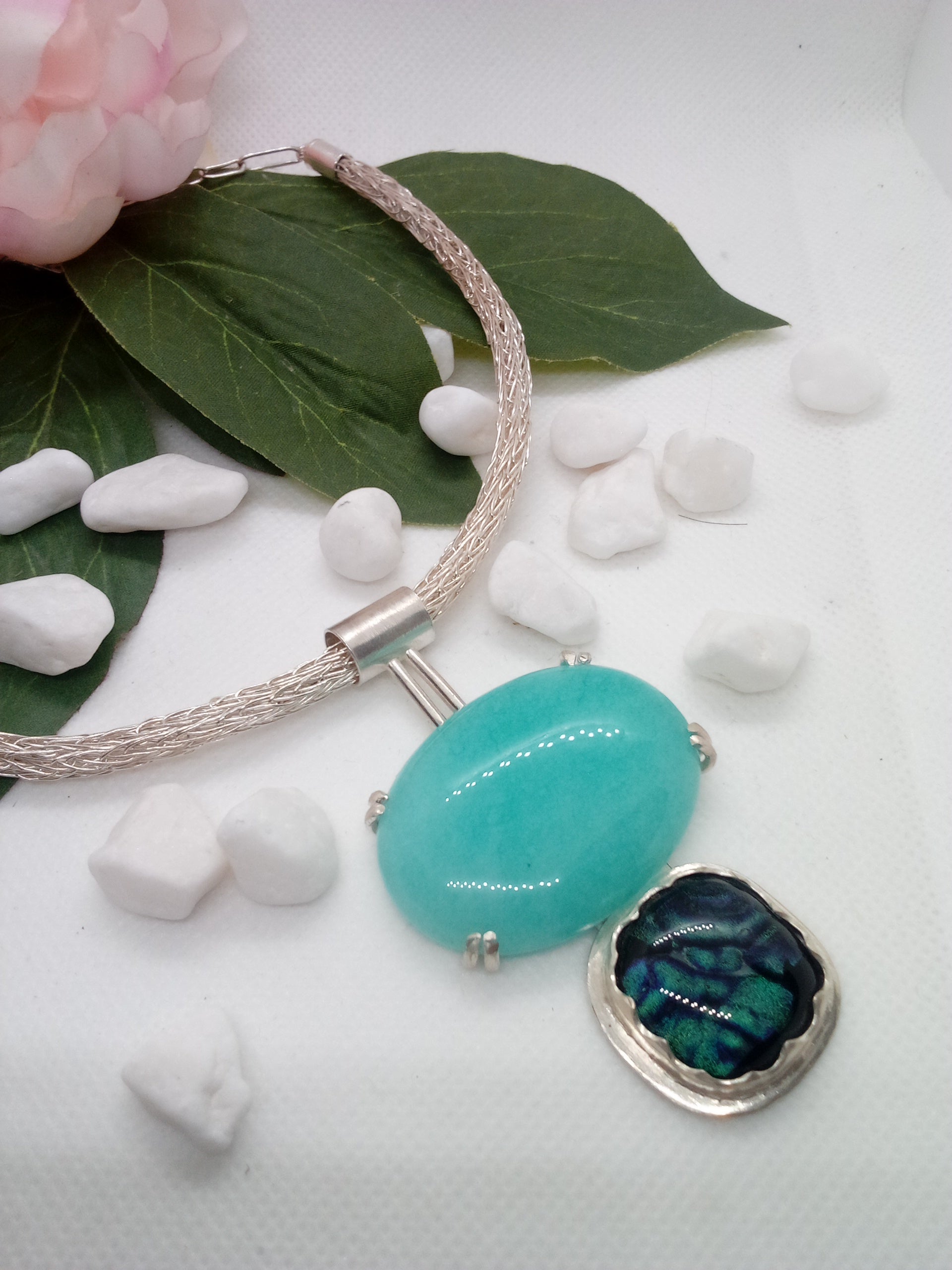 Sterling Silver Amonzite and dichroic glass pendant
