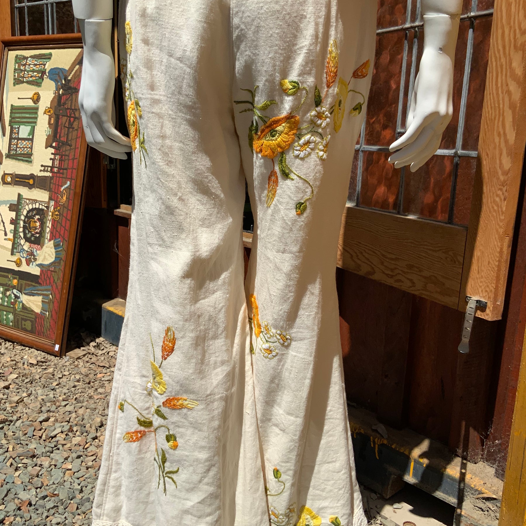 Upcycled embroidered linen tablecloth into "Flower Power" Bell Bottoms