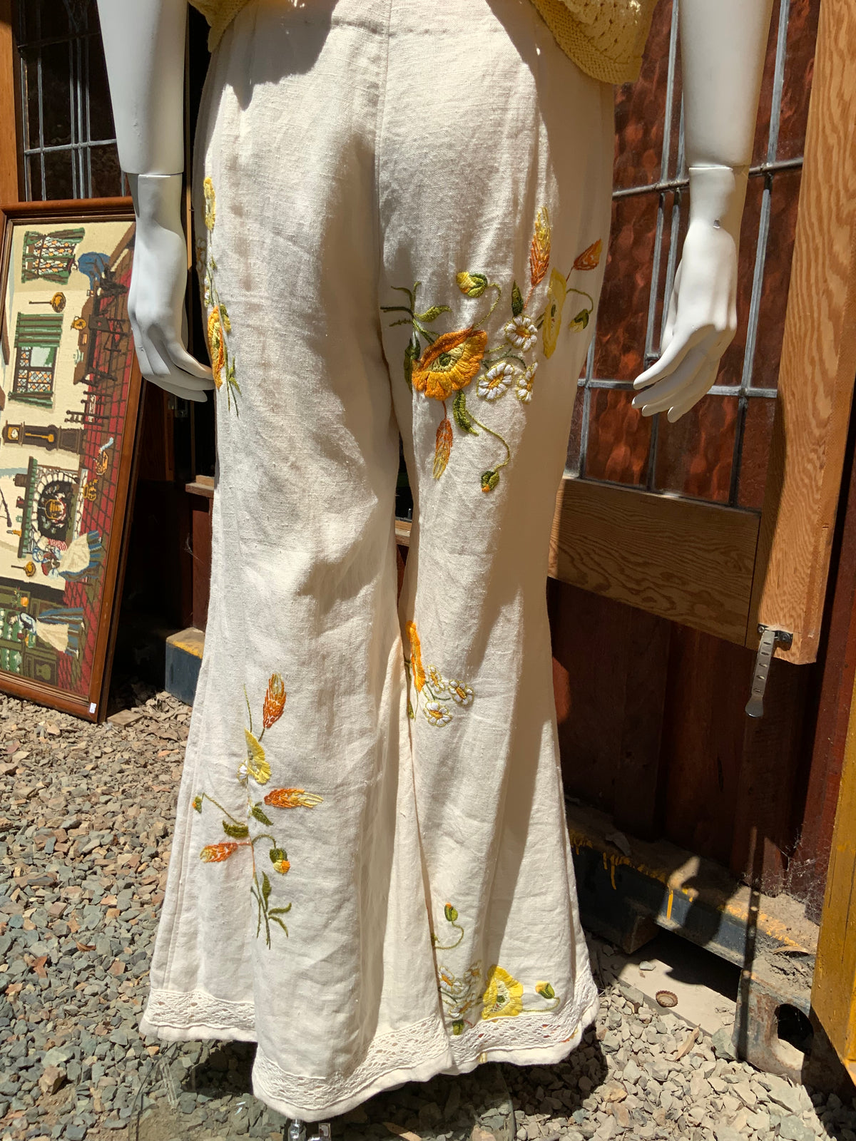Upcycled embroidered linen tablecloth into "Flower Power" Bell Bottoms