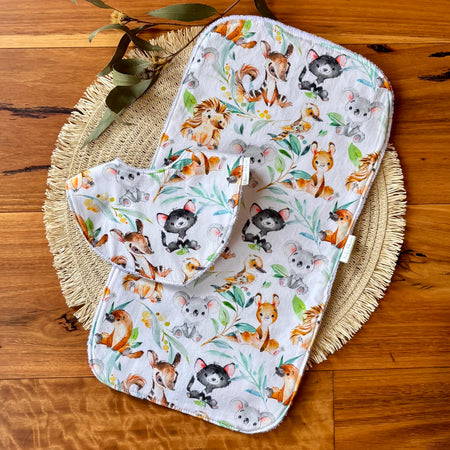 Baby Bib and Burp Cloth Set | Happy Aussie Animals | Made to Order
