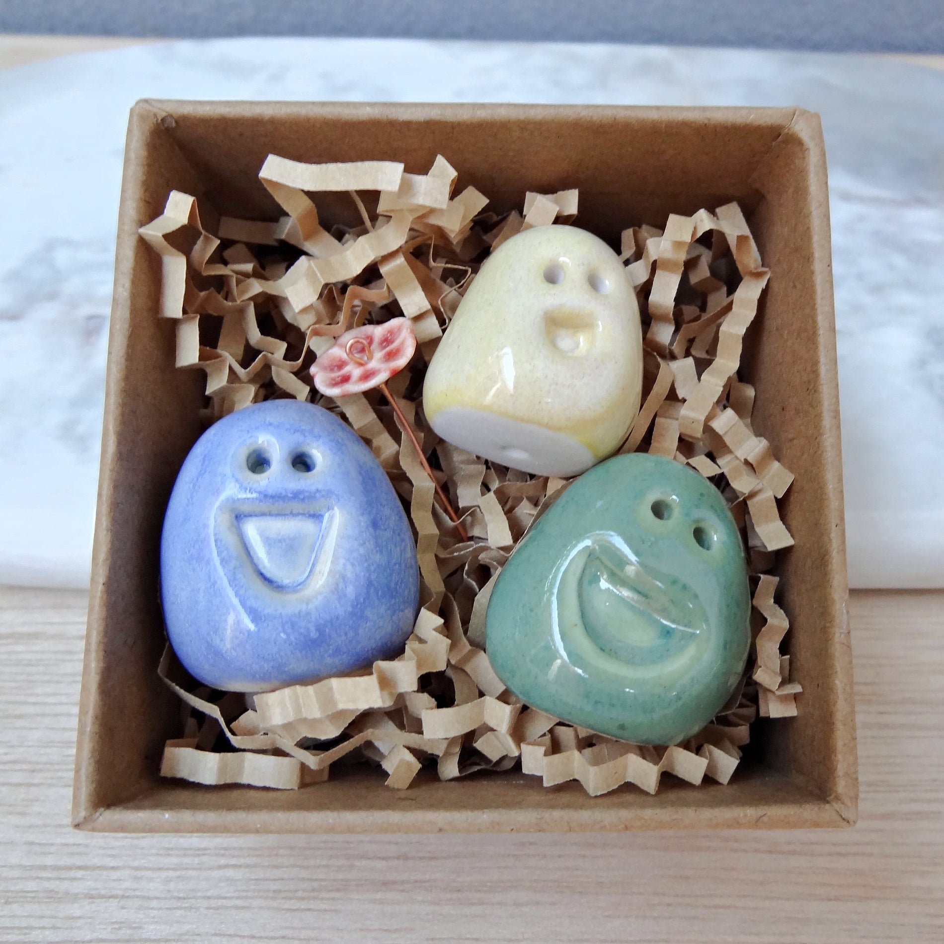 Set of 3 miniature ceramic pebble pets. Collectable tiny ceramic pottery stone friends. Handmade Whimsical Shelf or desk decor