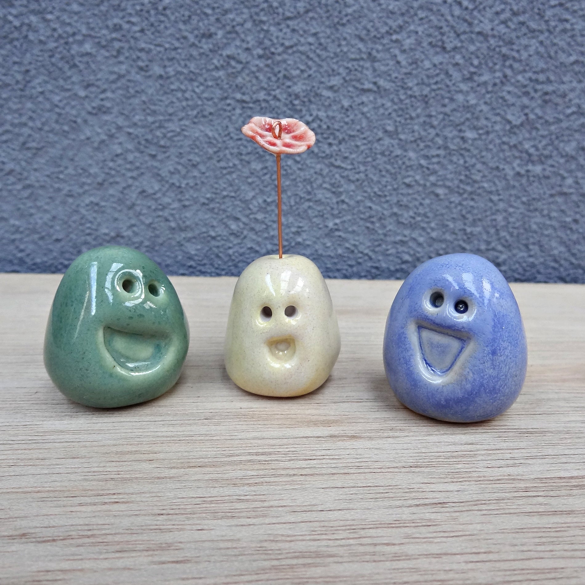 Set of 3 miniature ceramic pebble pets. Collectable tiny ceramic pottery stone friends. Handmade Whimsical Shelf or desk decor