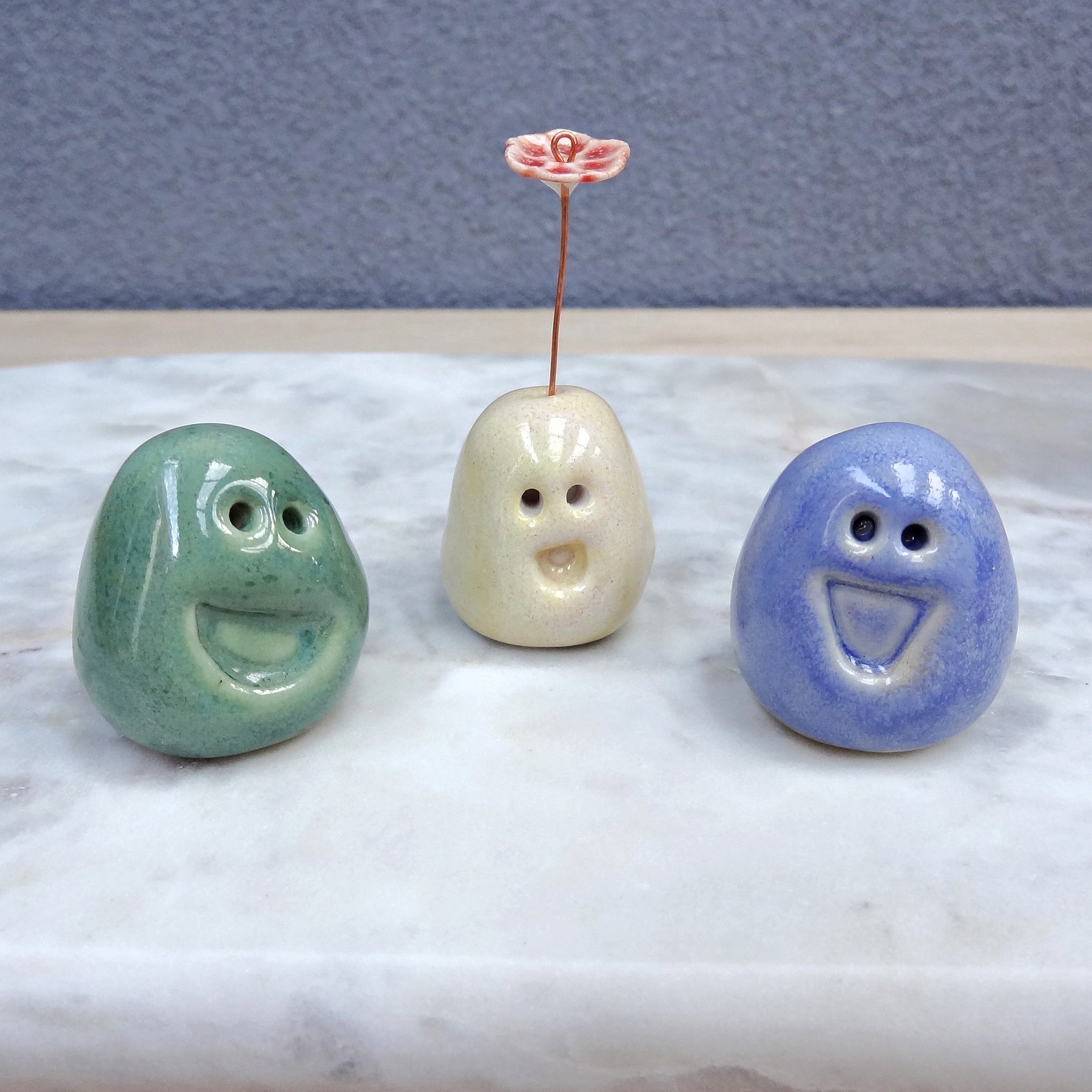 Set of 3 miniature ceramic pebble pets. Collectable tiny ceramic pottery stone friends. Handmade Whimsical Shelf or desk decor