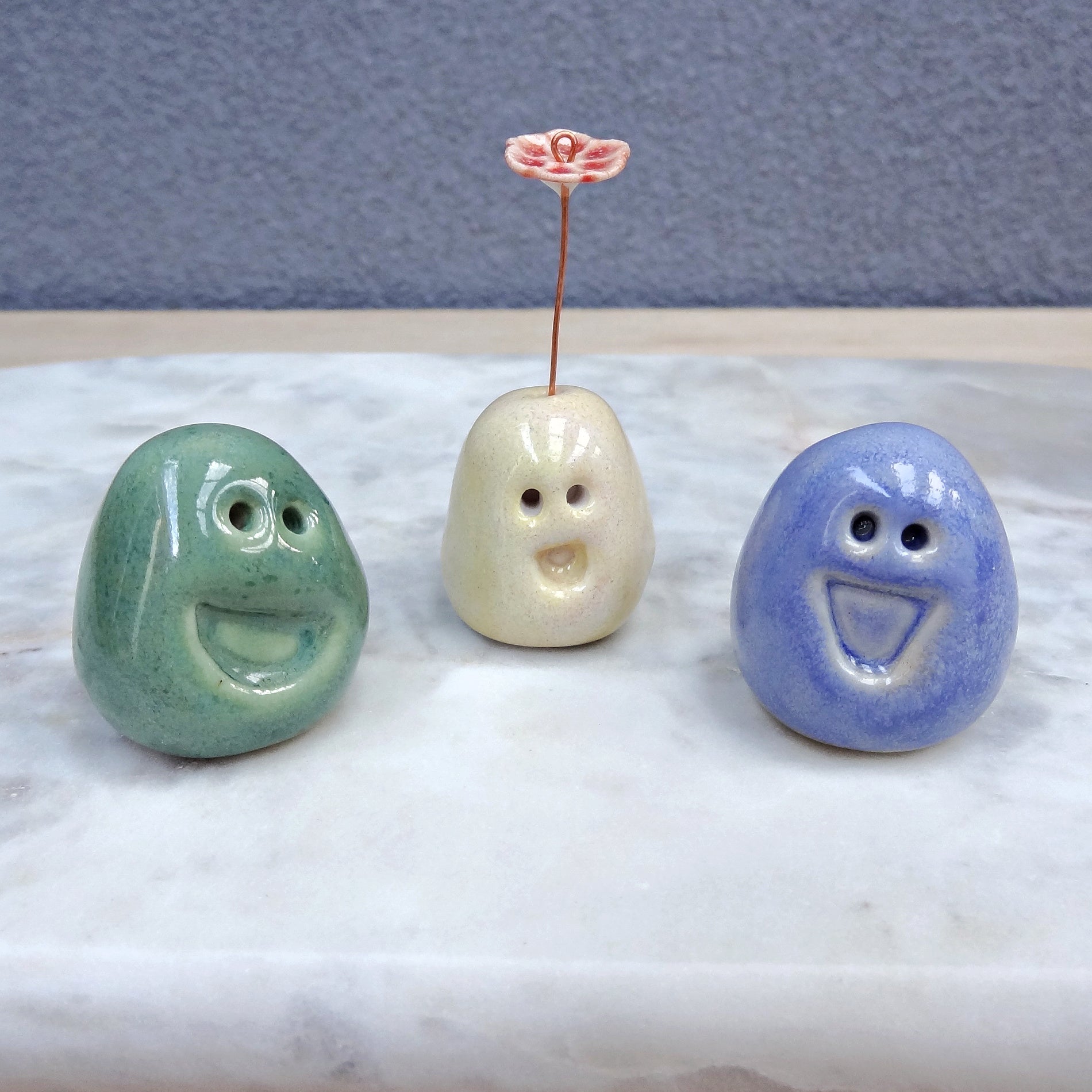 Set of 3 miniature ceramic pebble pets. Collectable tiny ceramic pottery stone friends. Handmade Whimsical Shelf or desk decor