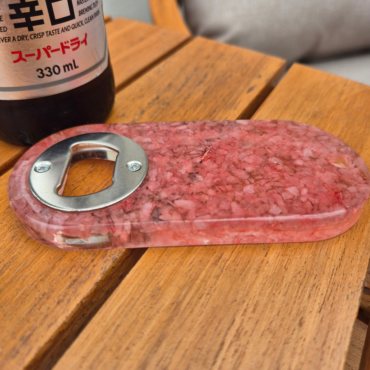 Resin bottle opener and cheese knife set with rose quartz