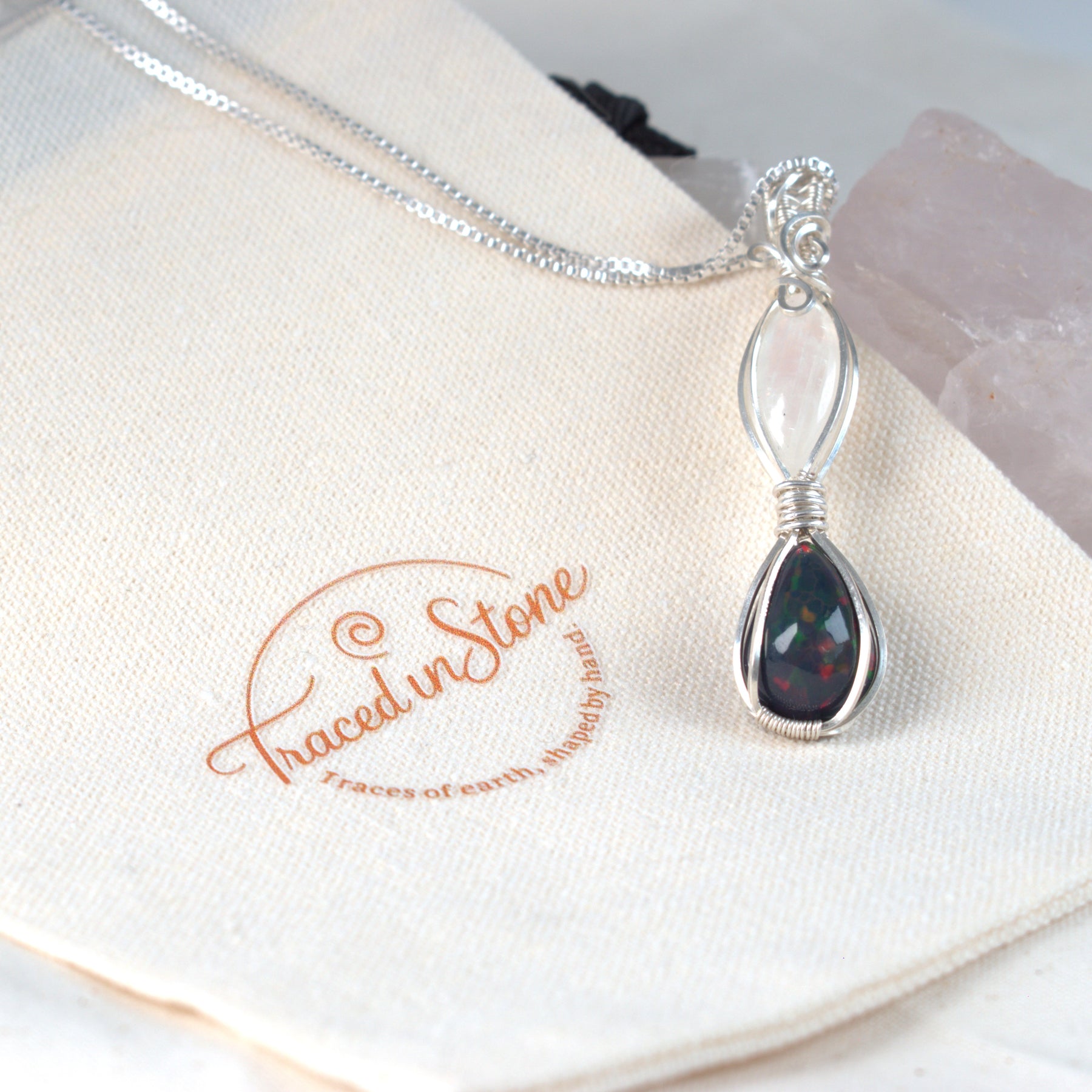 Moon Fire - Black Opal & Moonstone Wire Wrapped Pendant