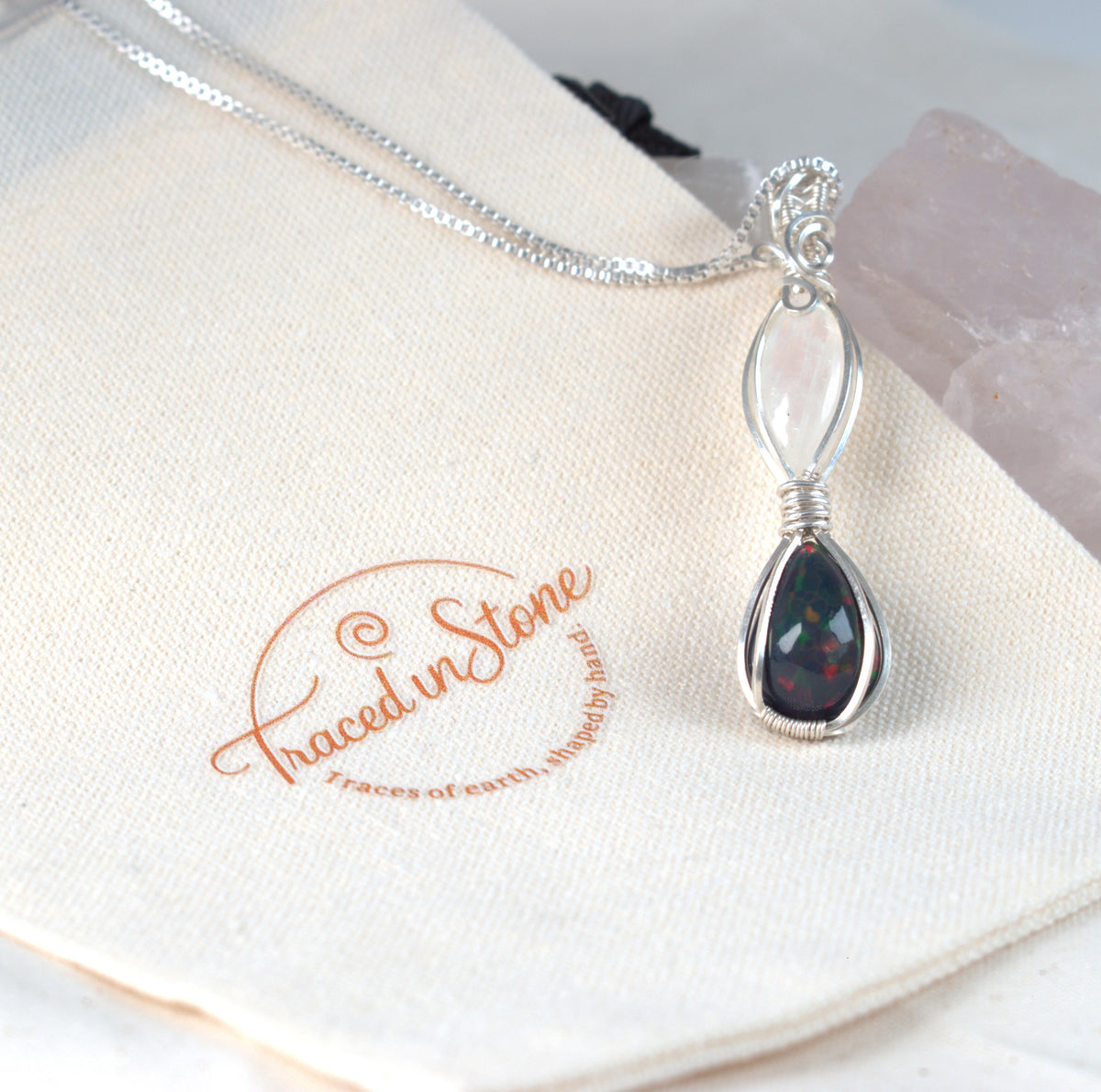 Moon Fire - Black Opal & Moonstone Wire Wrapped Pendant