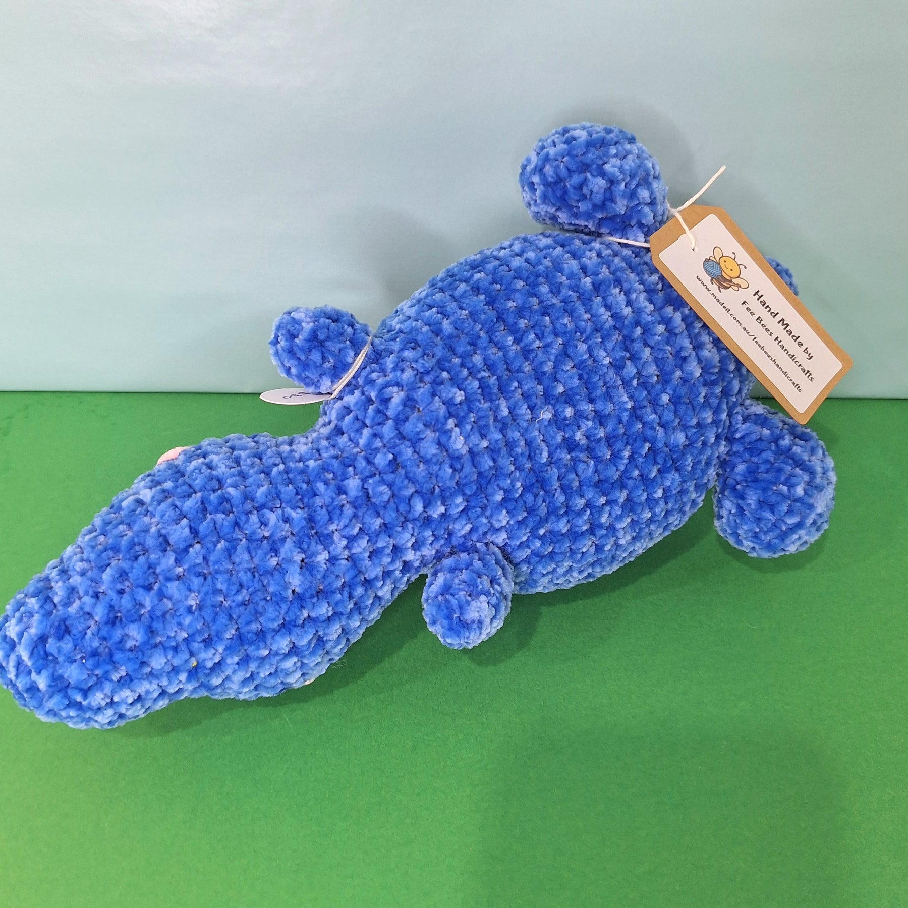 Blue Sleepy Velvet Crocheted Dinosaur- cuddle toy
