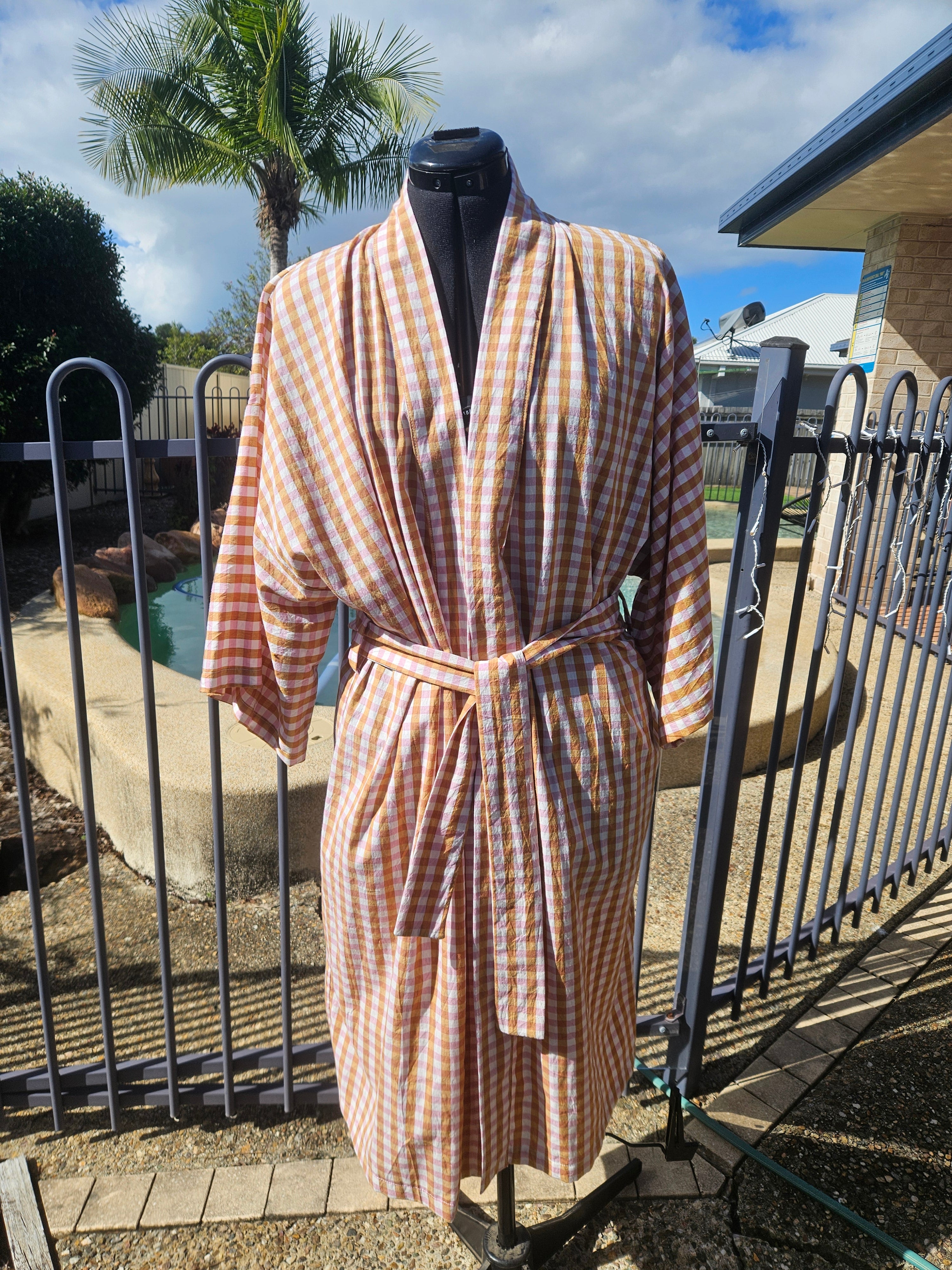 Dressing Gown Lightweight 100% Cotton Pink Caramel check