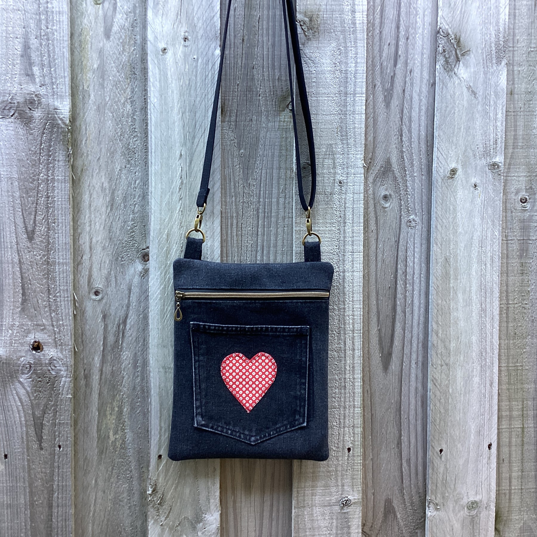 Black Denim Cross Body Bag – Red Heart