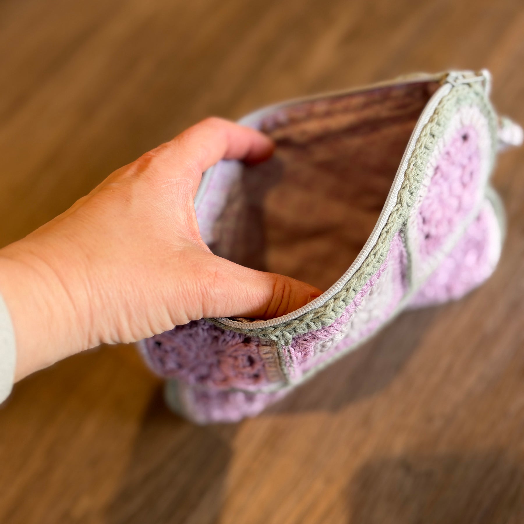 Pastel Pink & Sage Crochet Pouch – Handmade Granny Square Makeup Bag