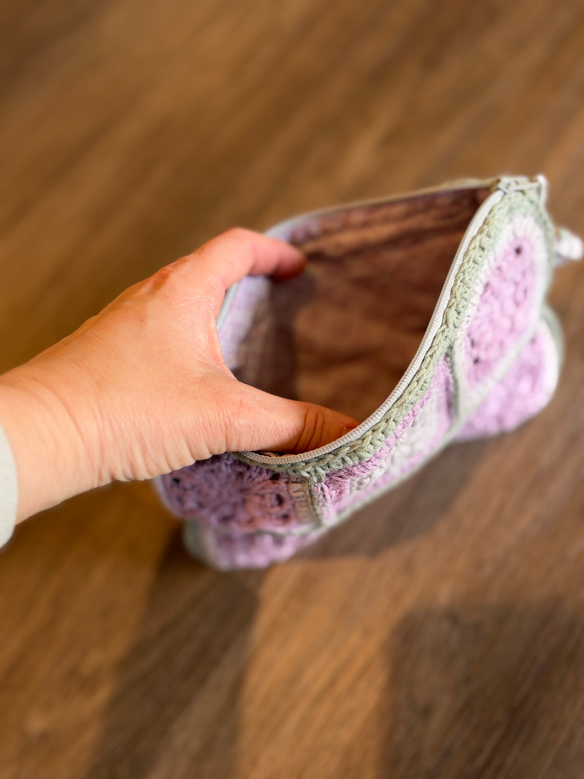 Pastel Pink & Sage Crochet Pouch – Handmade Granny Square Makeup Bag