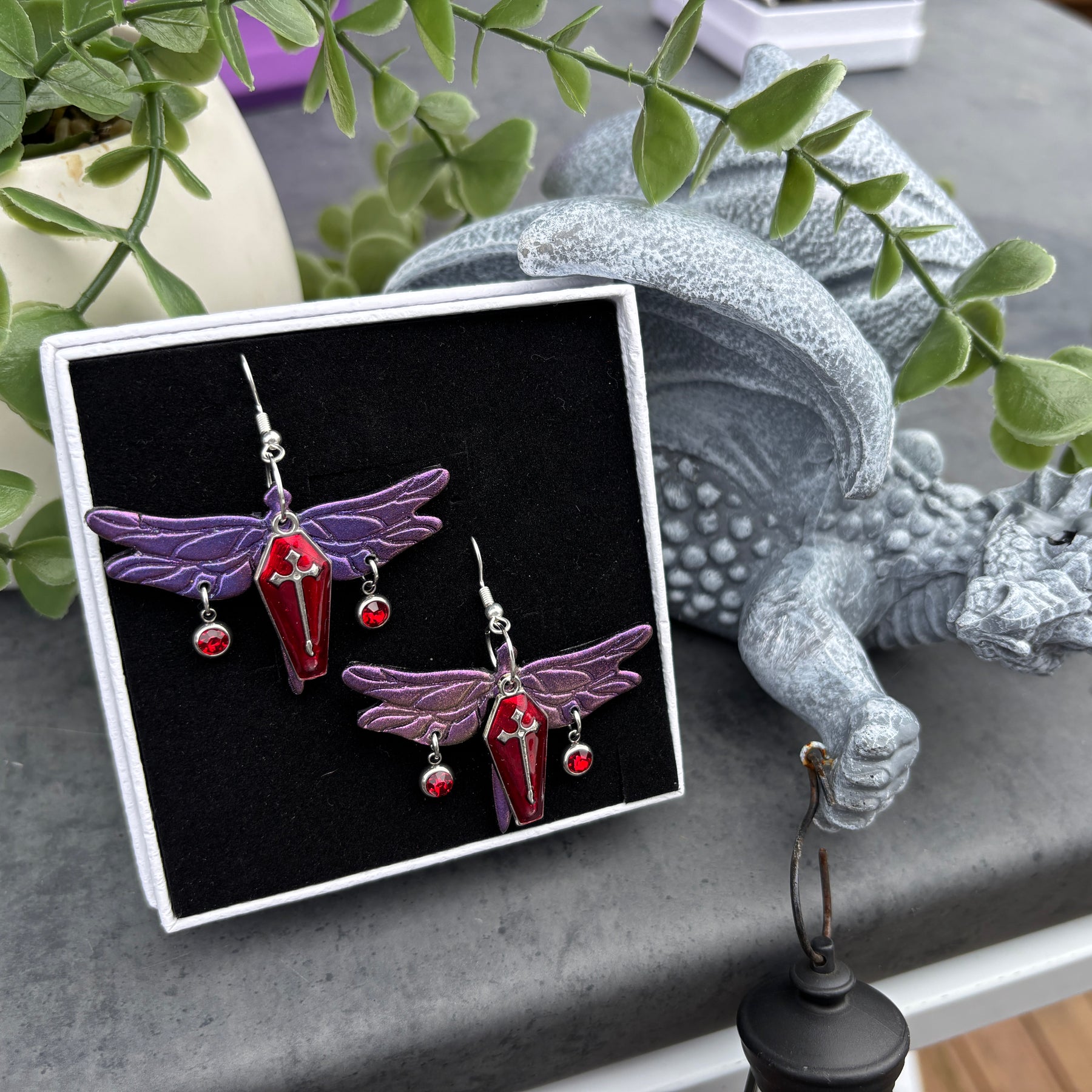 Purple Dragon Fly Coffin Fantasy Statement Earrings