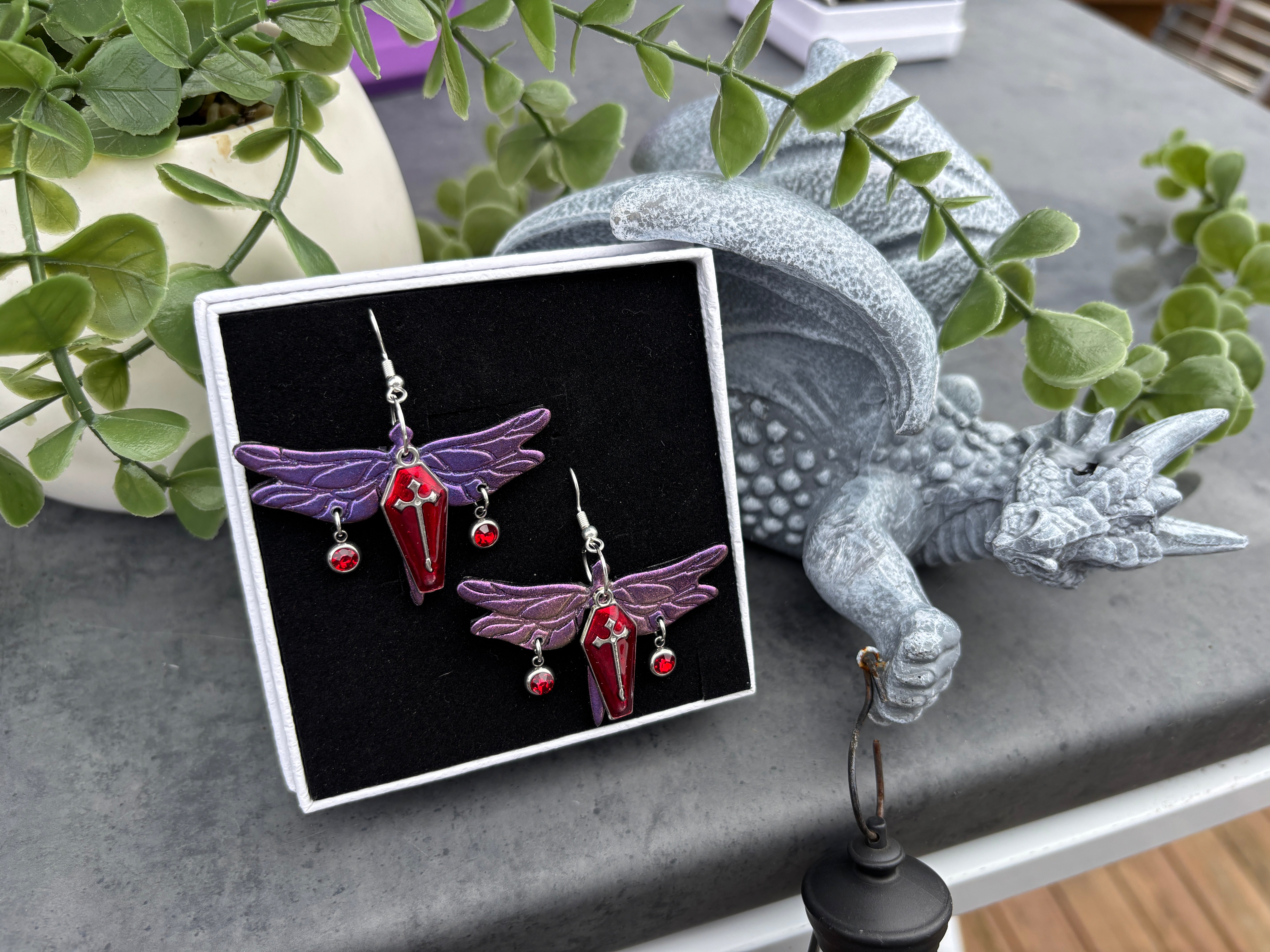 Purple Dragon Fly Coffin Fantasy Statement Earrings