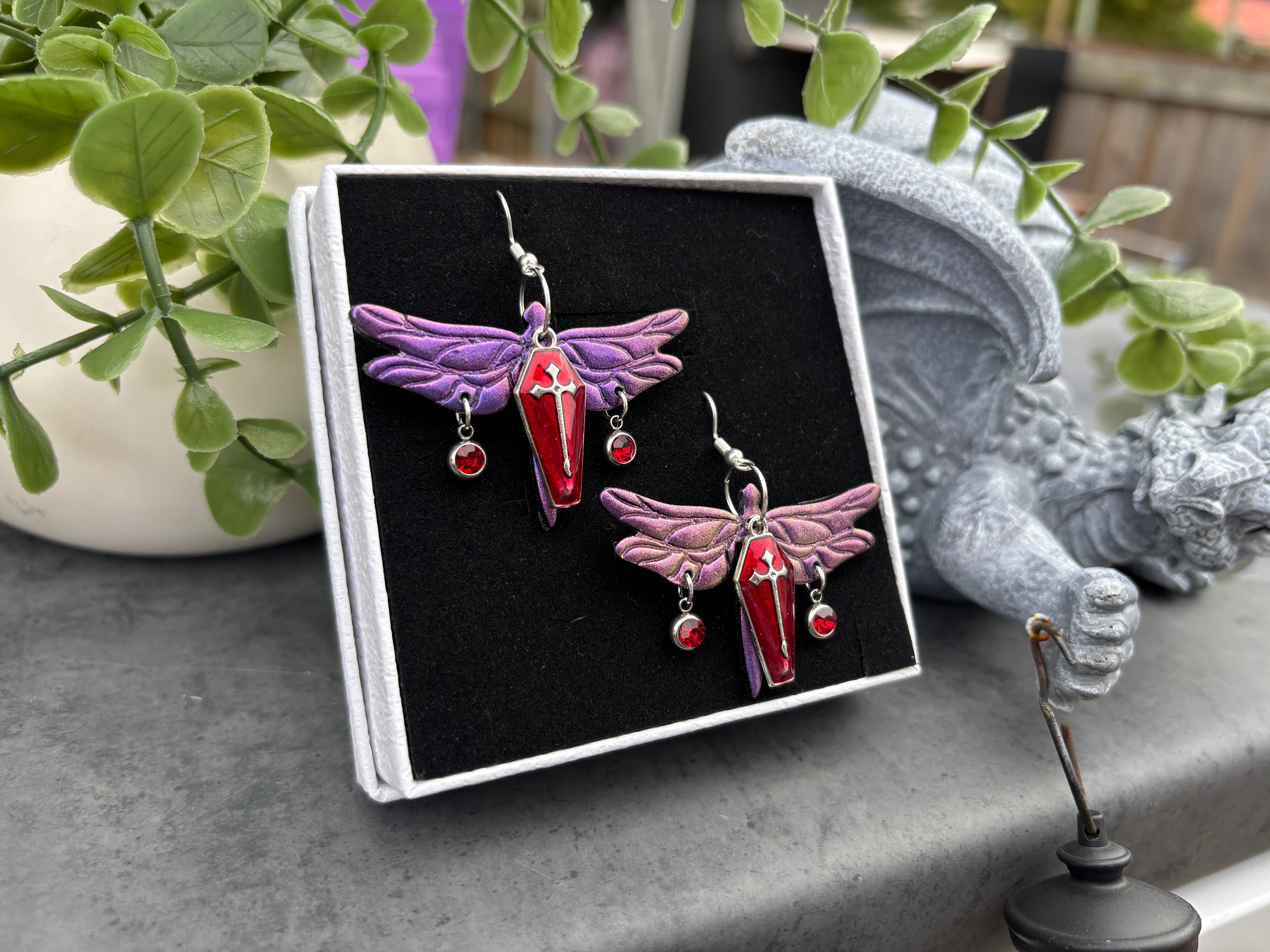 Purple Dragon Fly Coffin Fantasy Statement Earrings