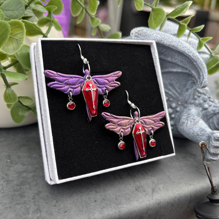 Purple Dragon Fly Coffin Fantasy Statement Earrings