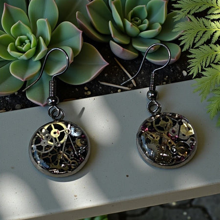 Steampunk watch parts dangle earrings (black)