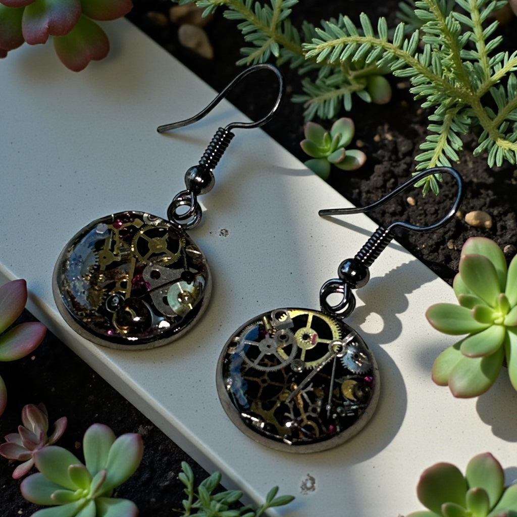 Steampunk watch parts dangle earrings (black)