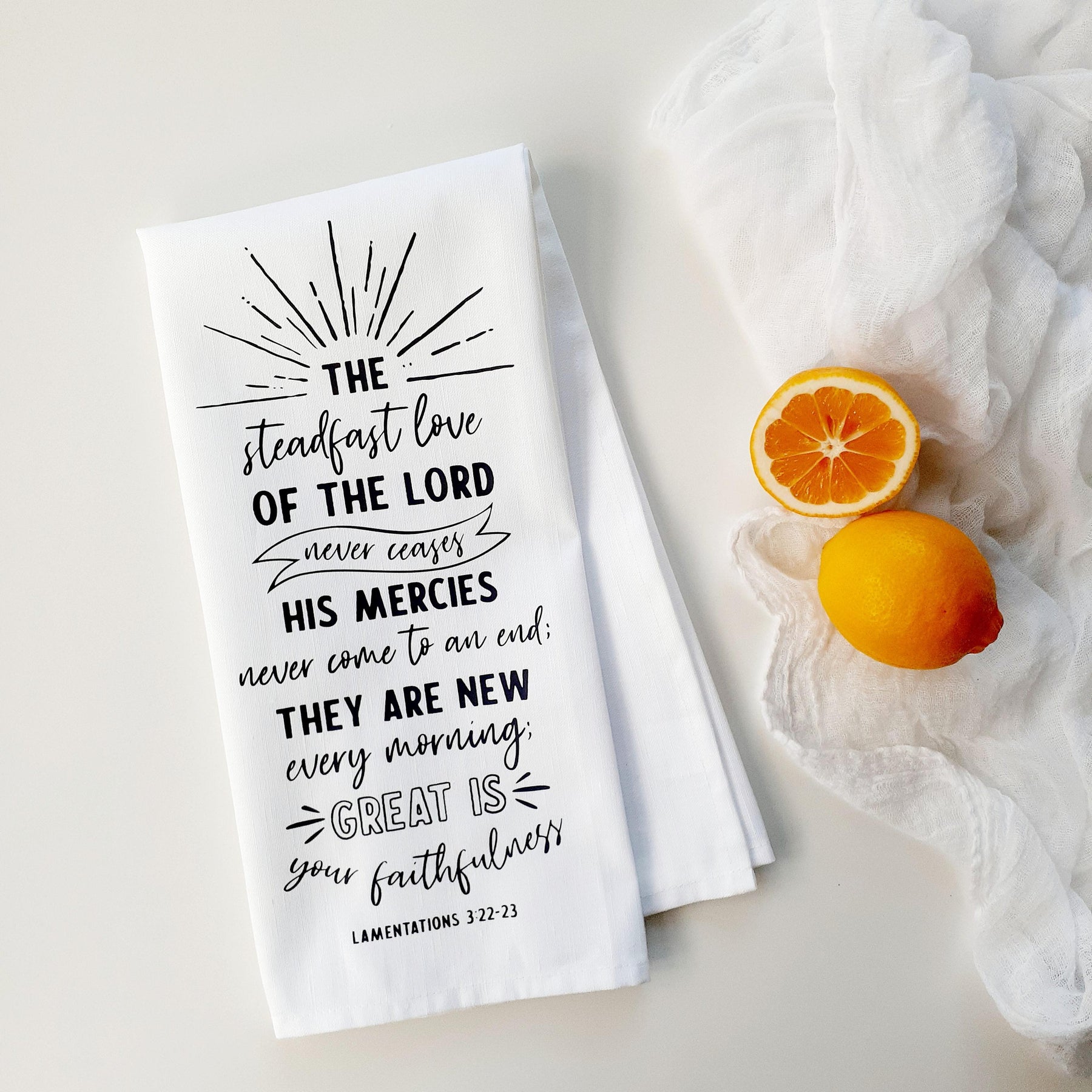 Christian Tea Towel, Lamentations 3:22‑23, Scripture Decor, Linen Cotton, Faith Gift, Inspirational Kitchen Towel