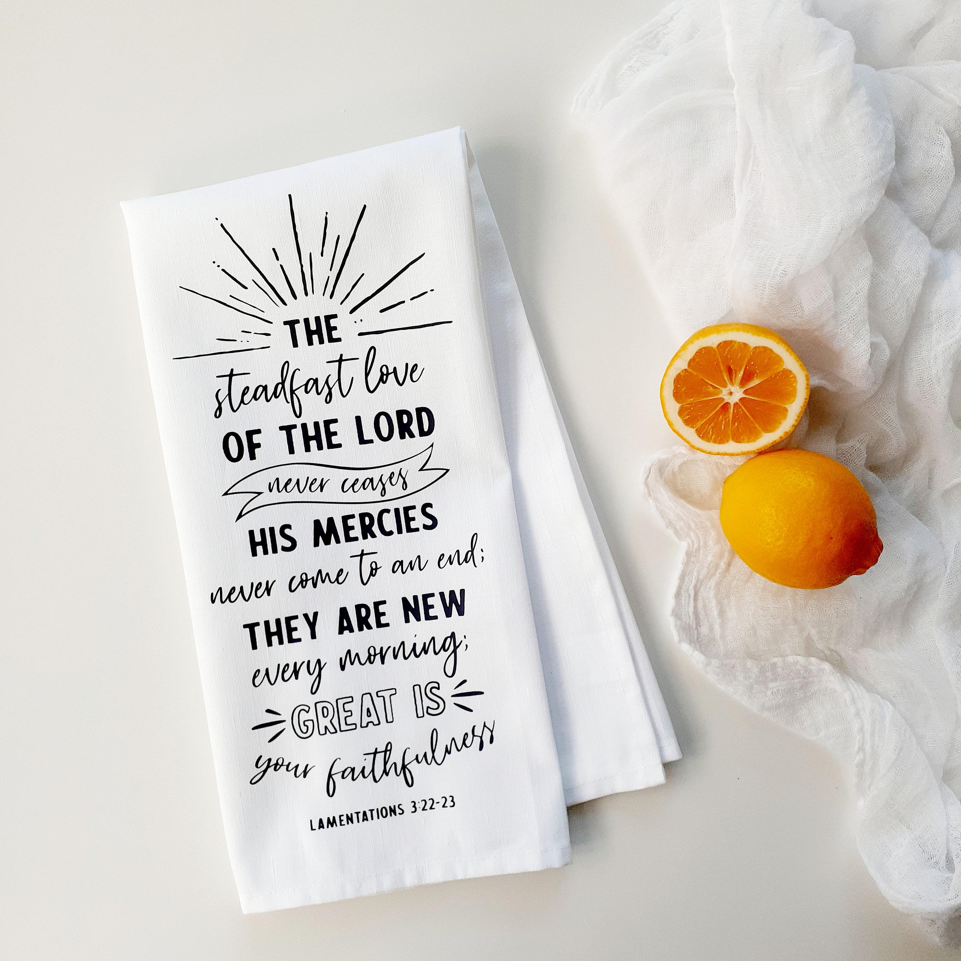 Christian Tea Towel, Lamentations 3:22‑23, Scripture Decor, Linen Cotton, Faith Gift, Inspirational Kitchen Towel