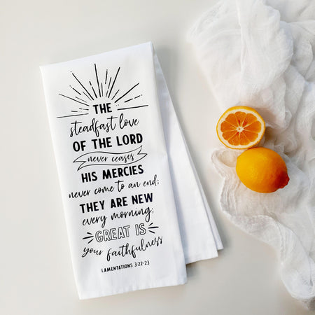Christian Tea Towel • Lamentations 3:22‑23 Scripture Decor • Linen Cotton Faith Gift • Inspirational Kitchen Towel