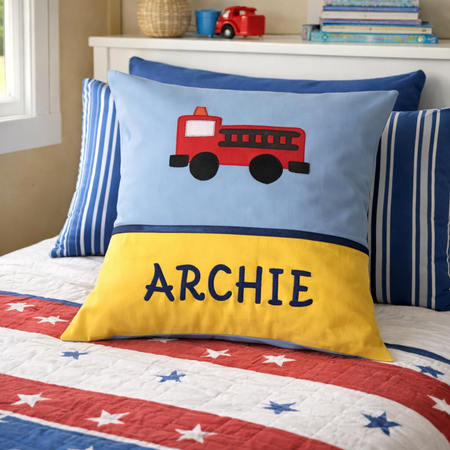 Personalised Kids Cushion | Custom Name Pillow | Handmade Applique Cushion | Nursery Decor - Fire Engine