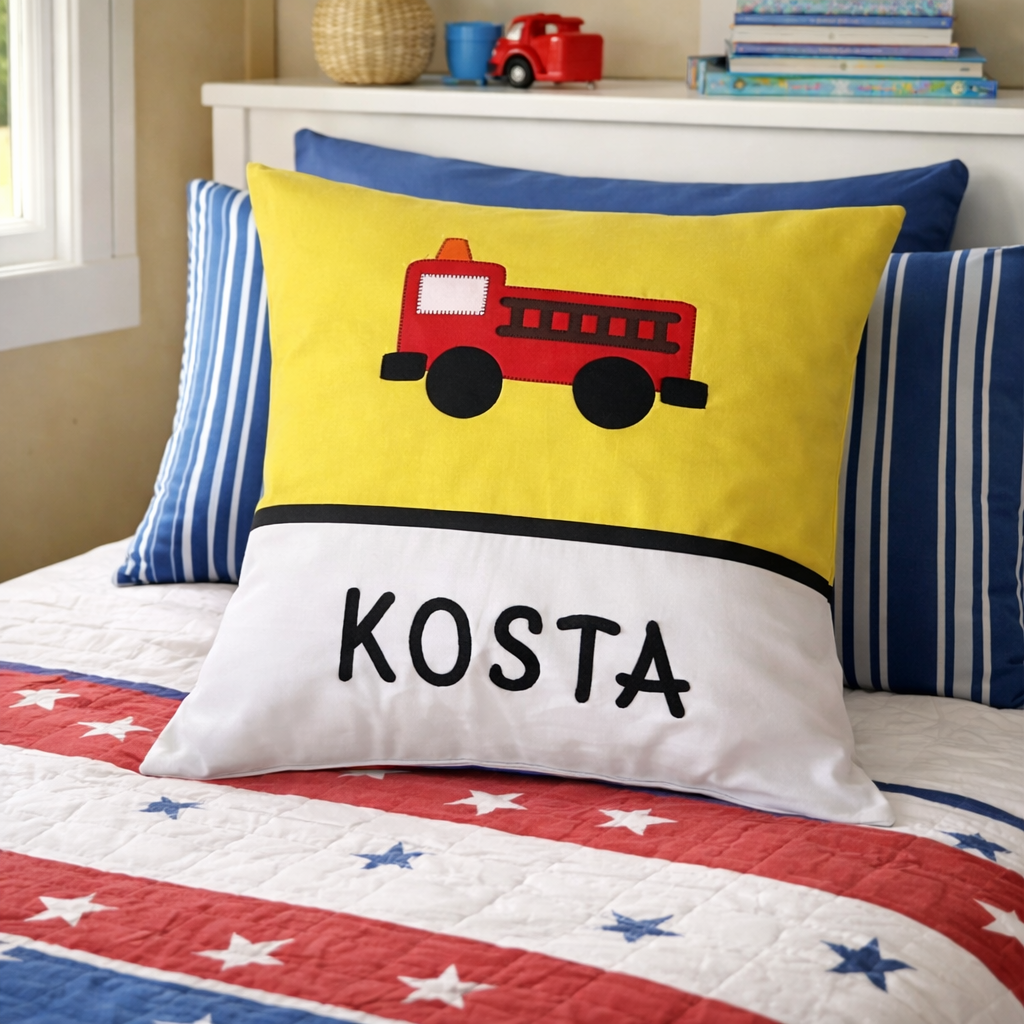 Personalised Kids Cushion | Custom Name Pillow | Handmade Applique Cushion | Nursery Decor - Fire Engine