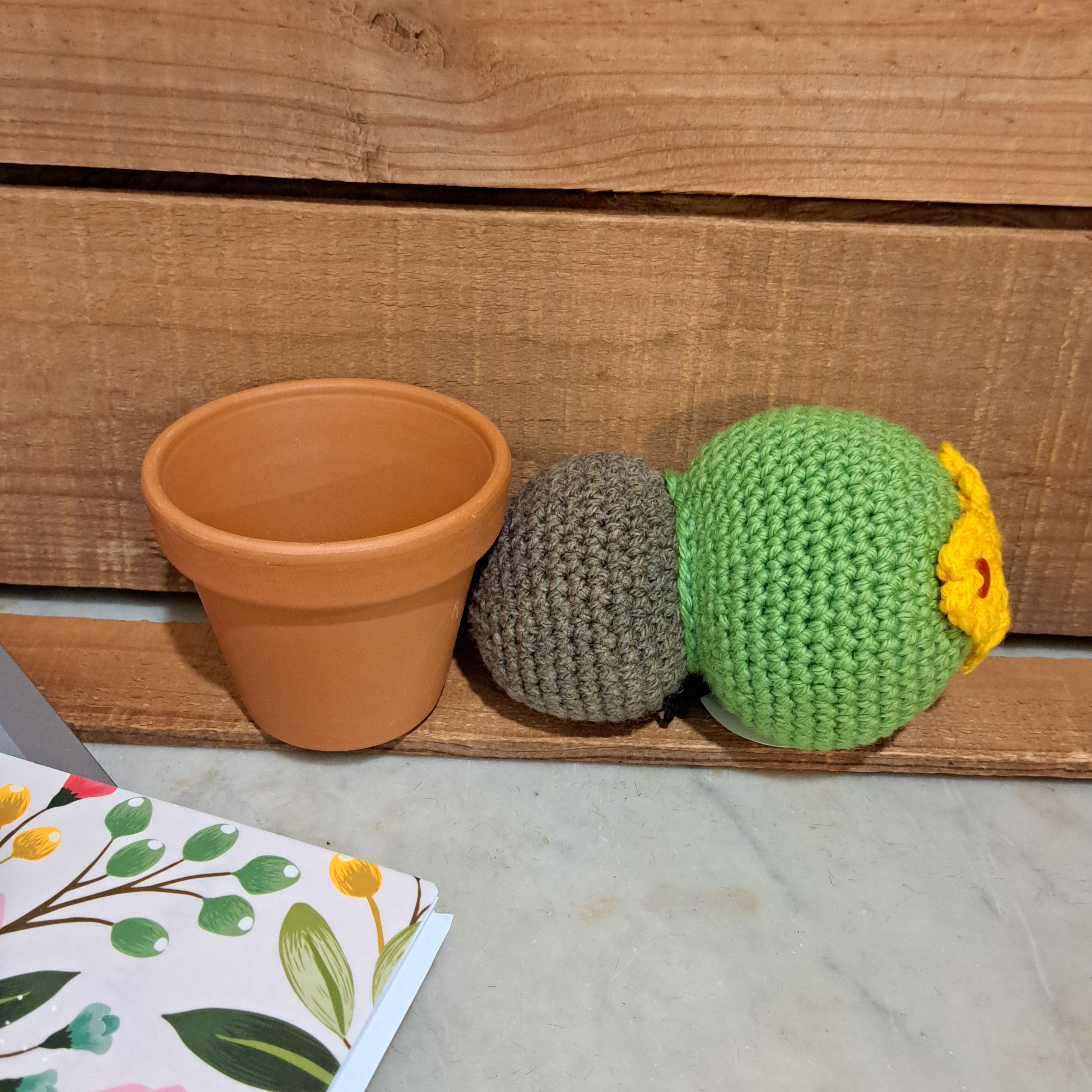 Crochet cactus/ in terracotta pot/ crochet yellow flowers