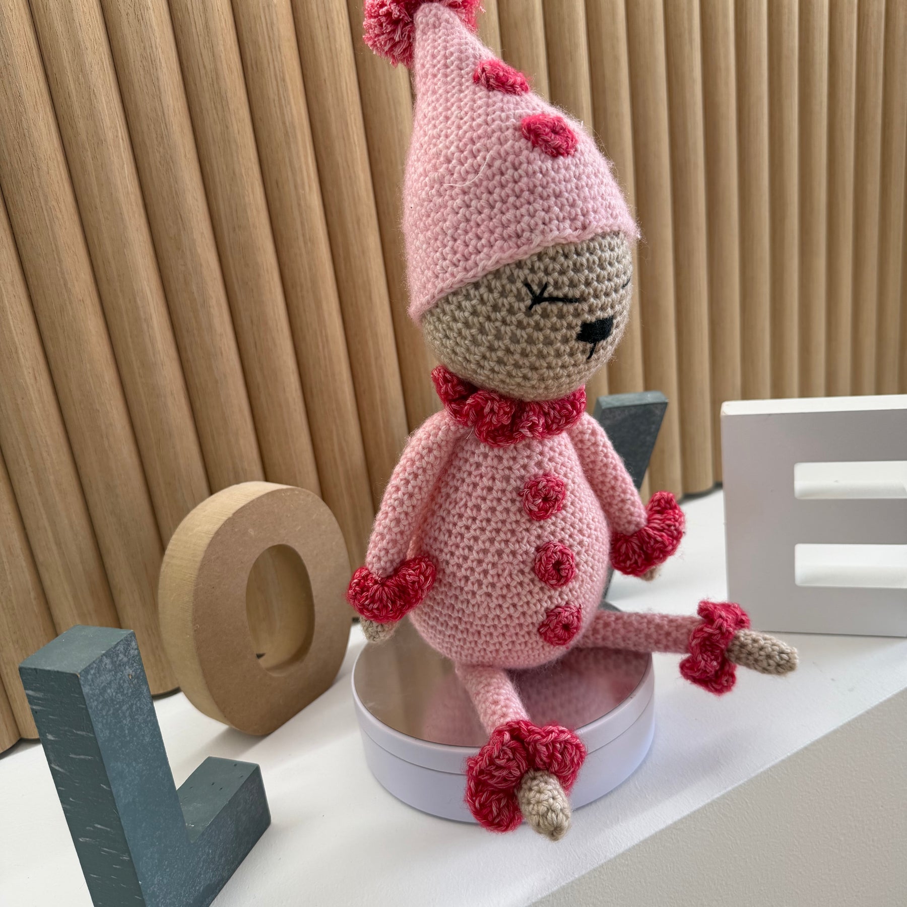 Pink Clown crocheted soft toy