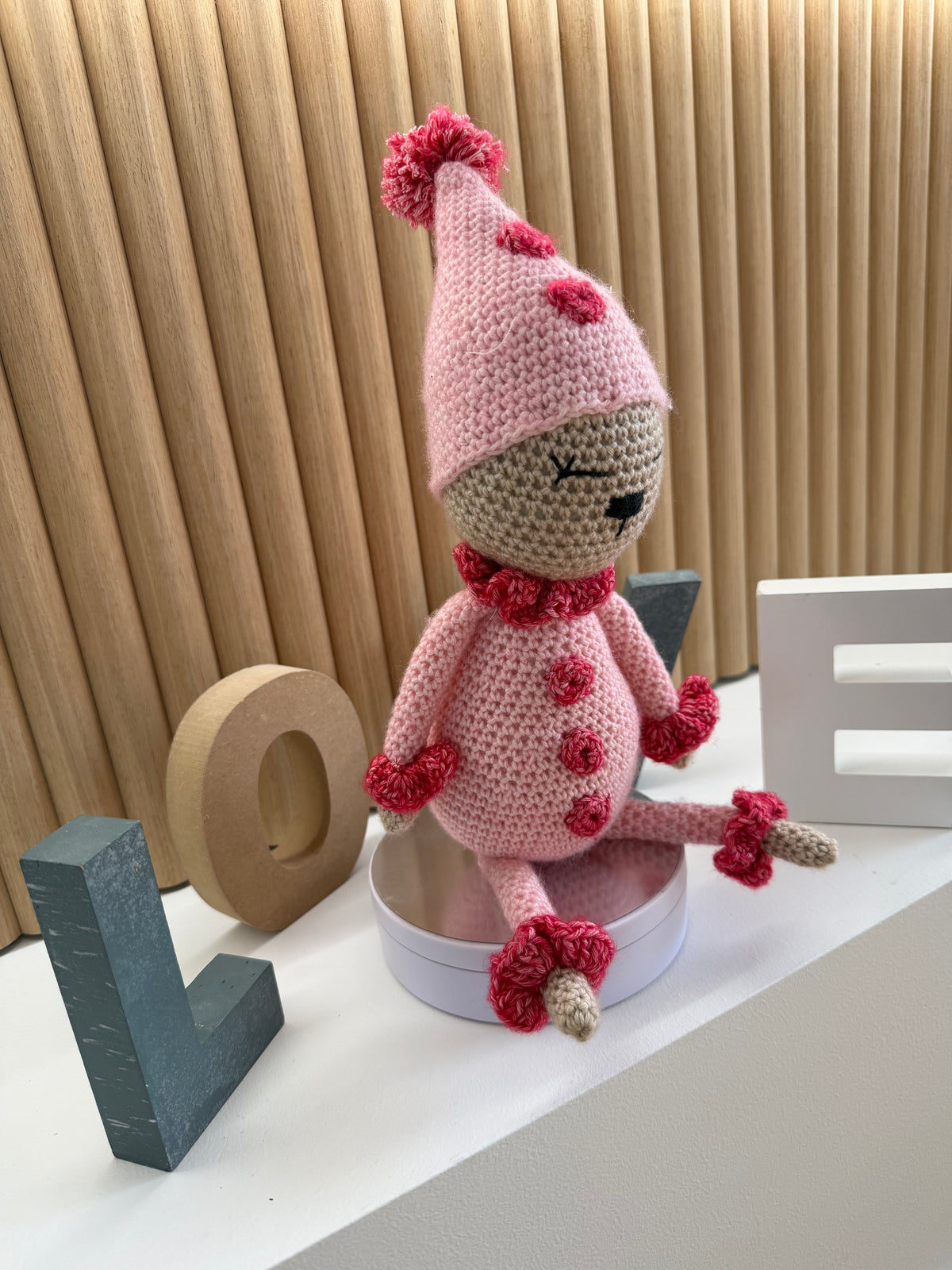 Pink Clown crocheted soft toy