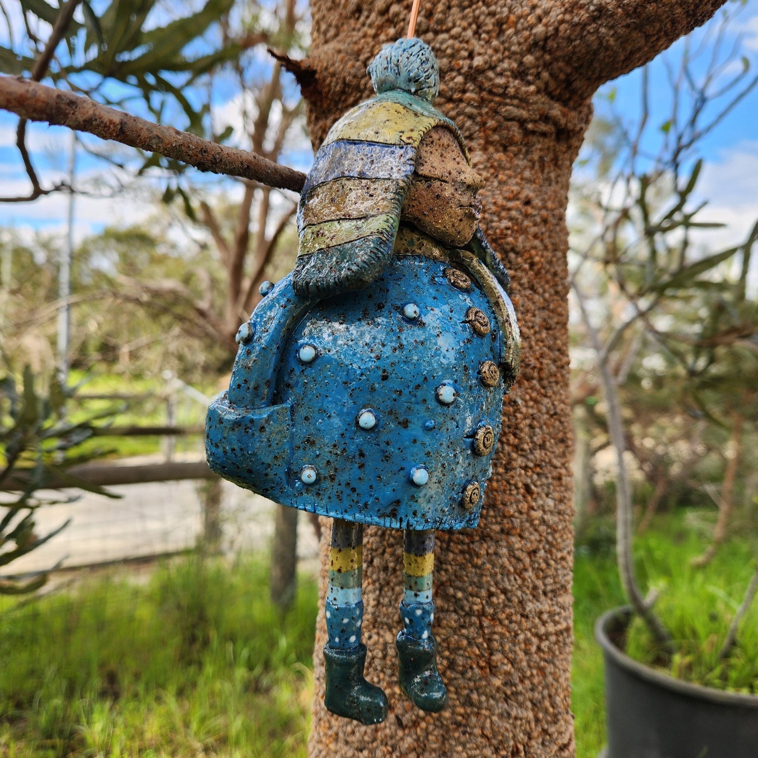 Clay windchime, little girl, blue