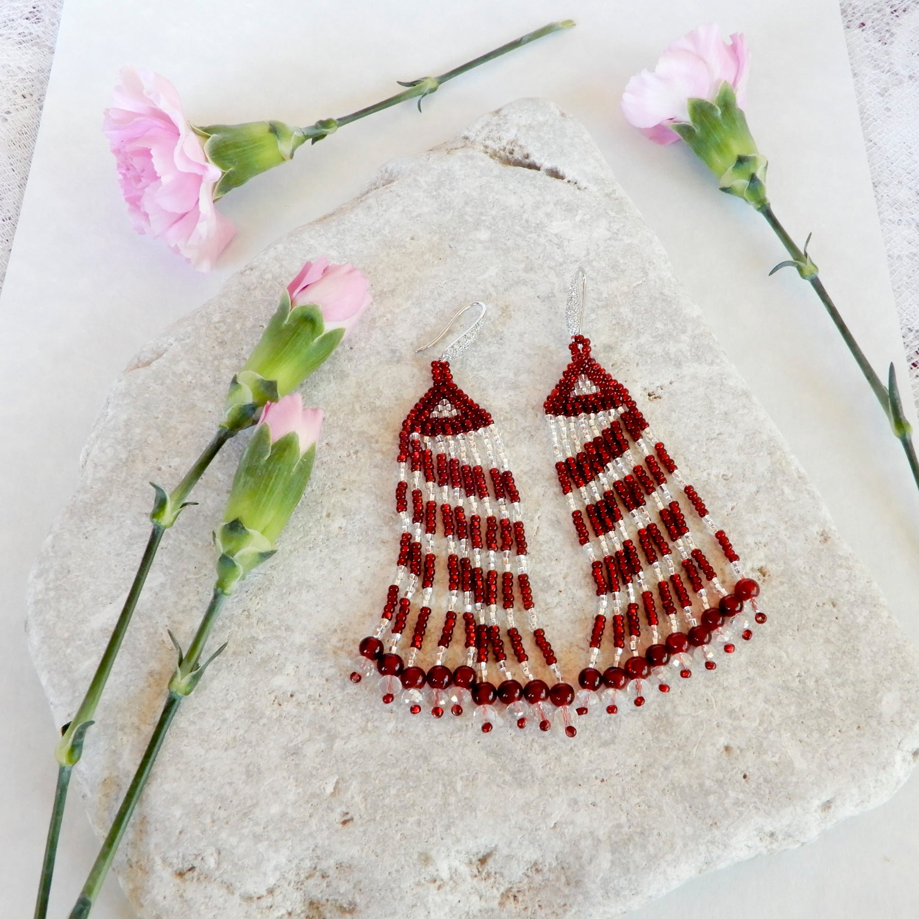 Red & Crystal Striped Fringe Earrings