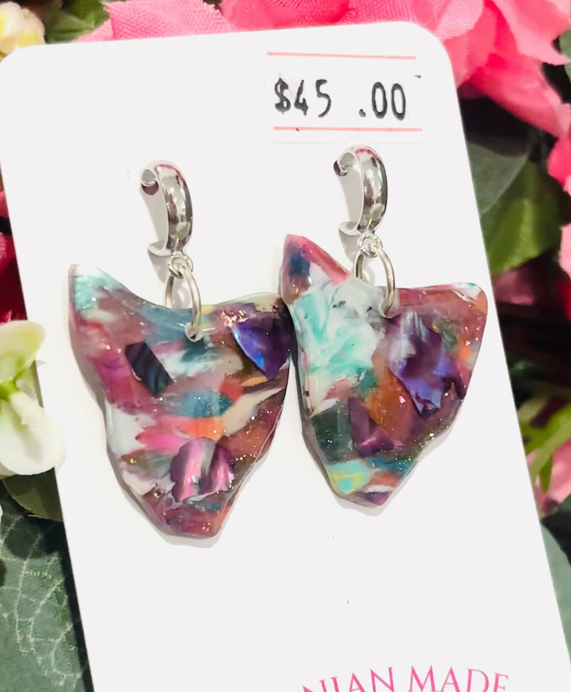 Tasmania Shaped Earrings | One of a Kind Mosaic Polymer Clay Earrings