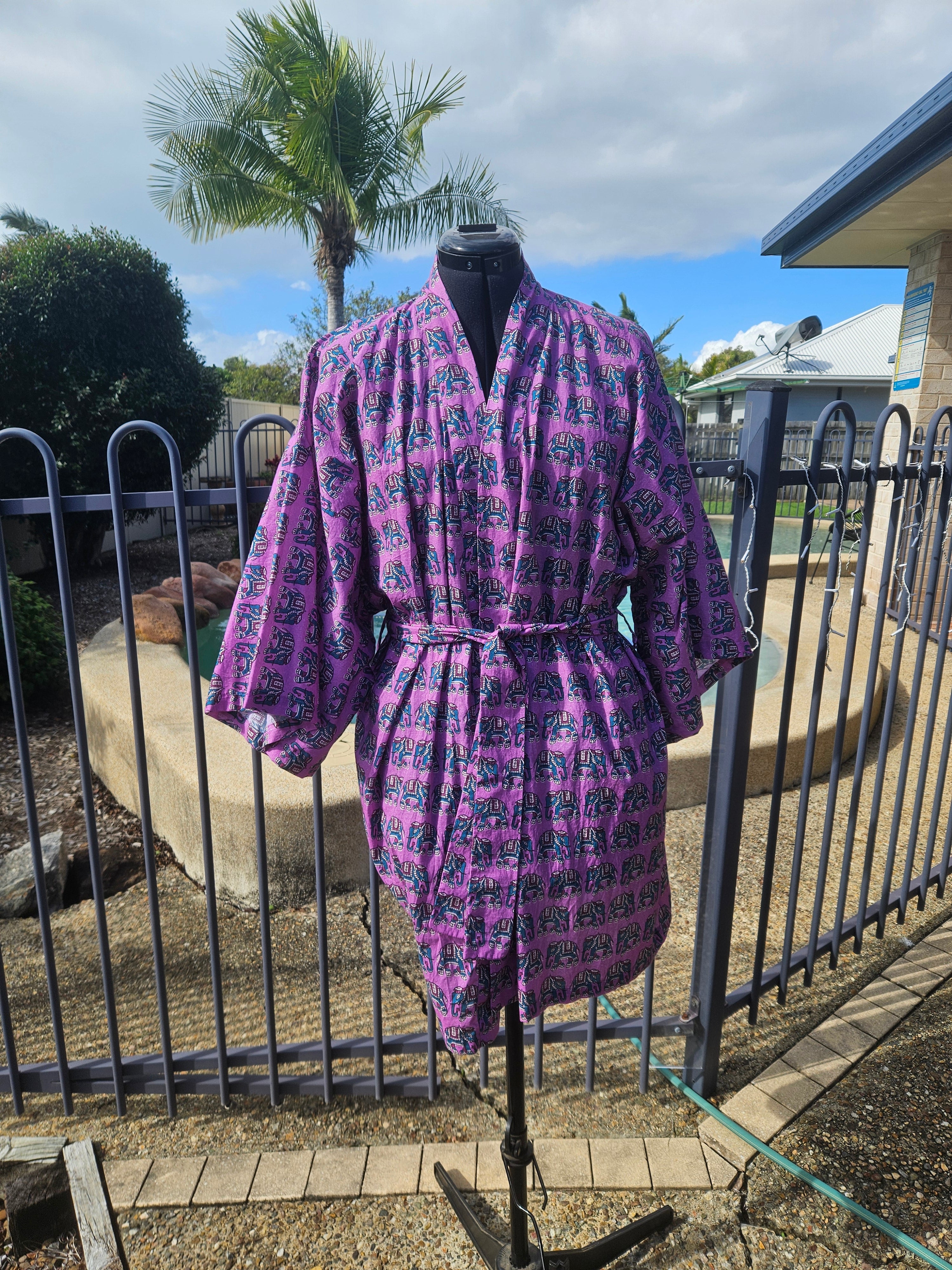 Dressing Gown 100% Cotton Pink Elephants