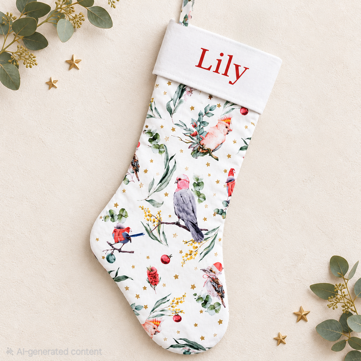 Personalized Quilted Christmas Stocking: Australian Birds, Extra Large 60cm