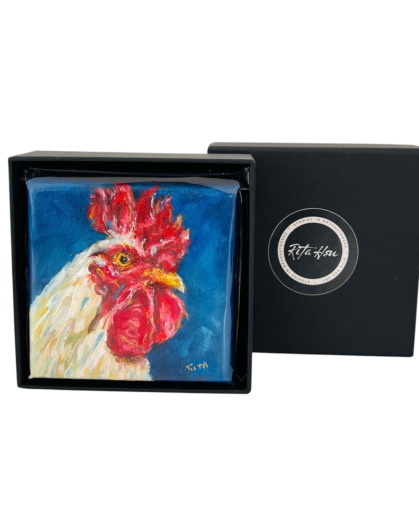 Original White Rooster Mini Oil Painting