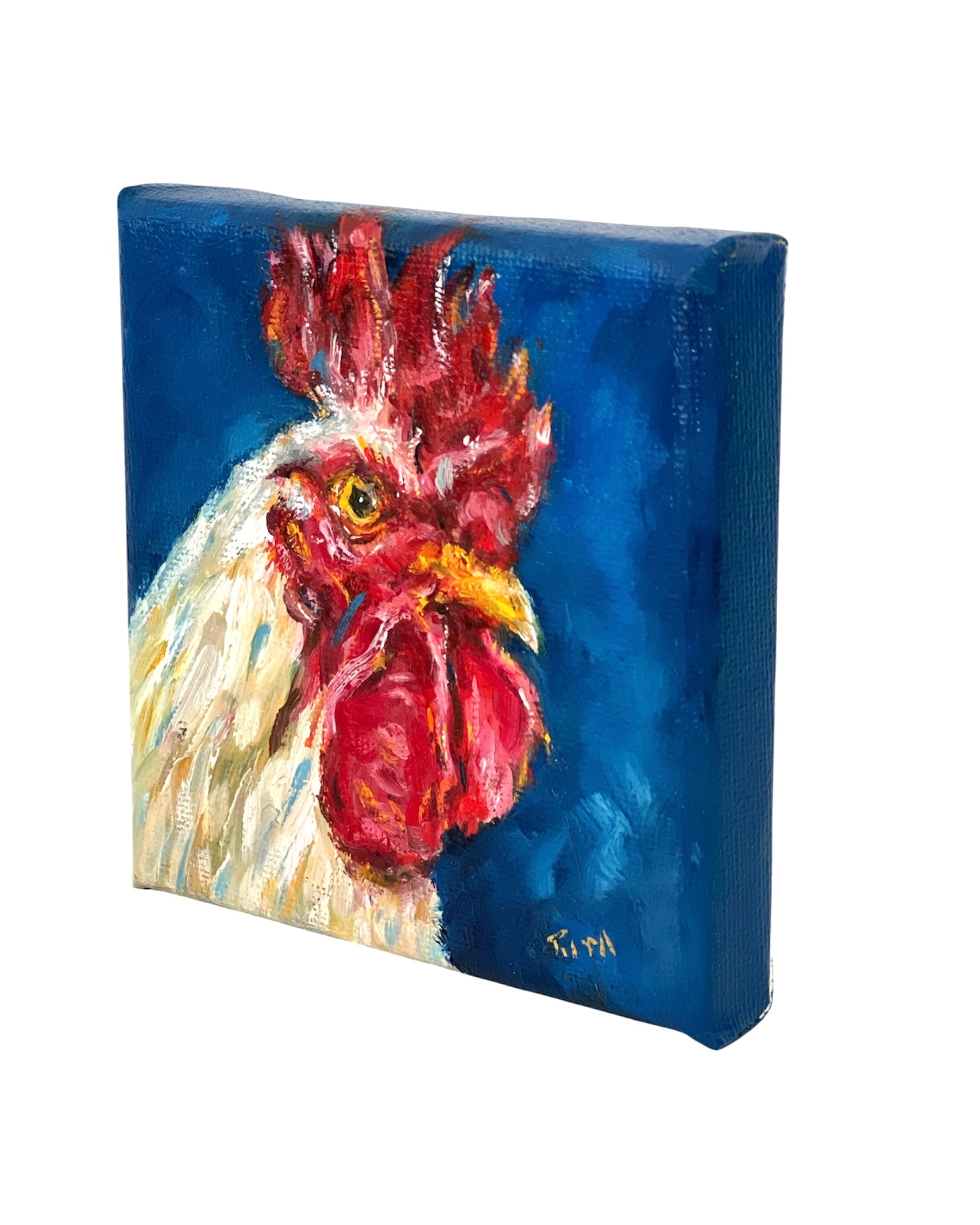Original White Rooster Mini Oil Painting
