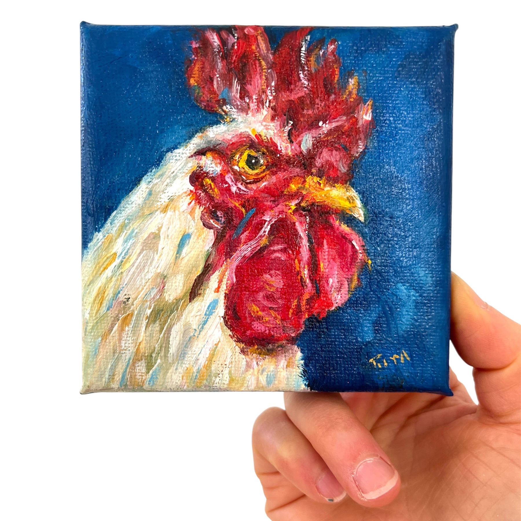 Original White Rooster Mini Oil Painting