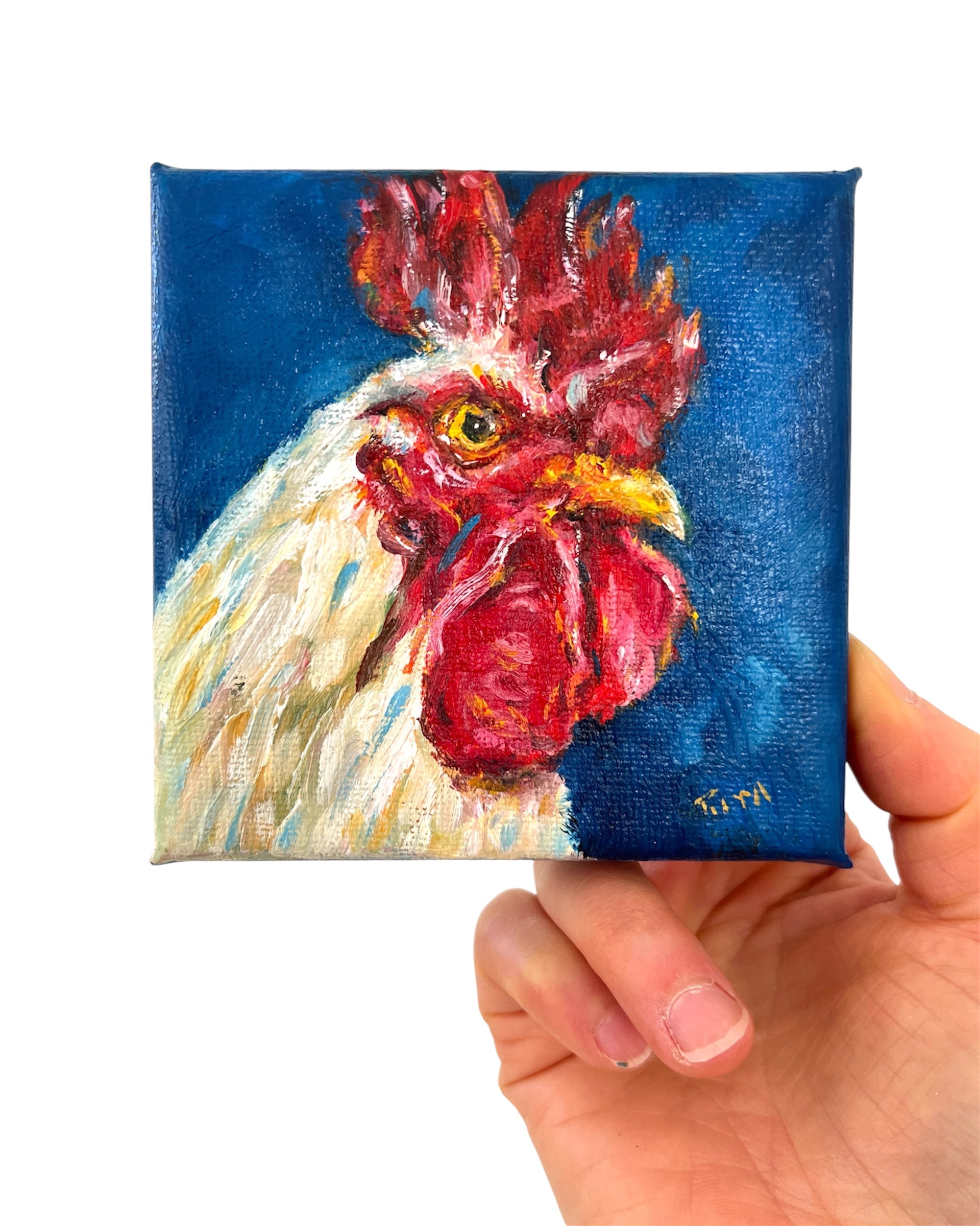 Original White Rooster Mini Oil Painting