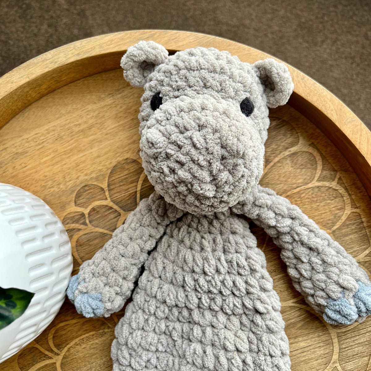 Handmade modern crochet Hippo lovey toy snuggler plushie.