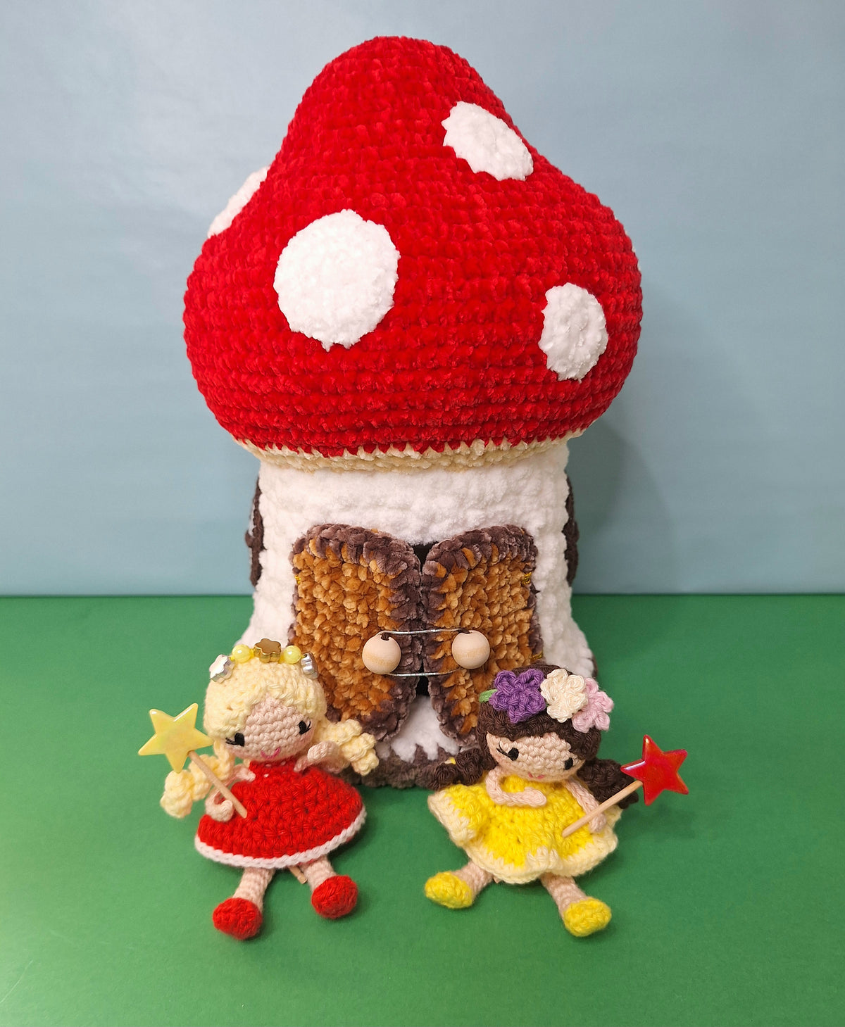 Crocheted Mushroom House Play Set with Two Fairies